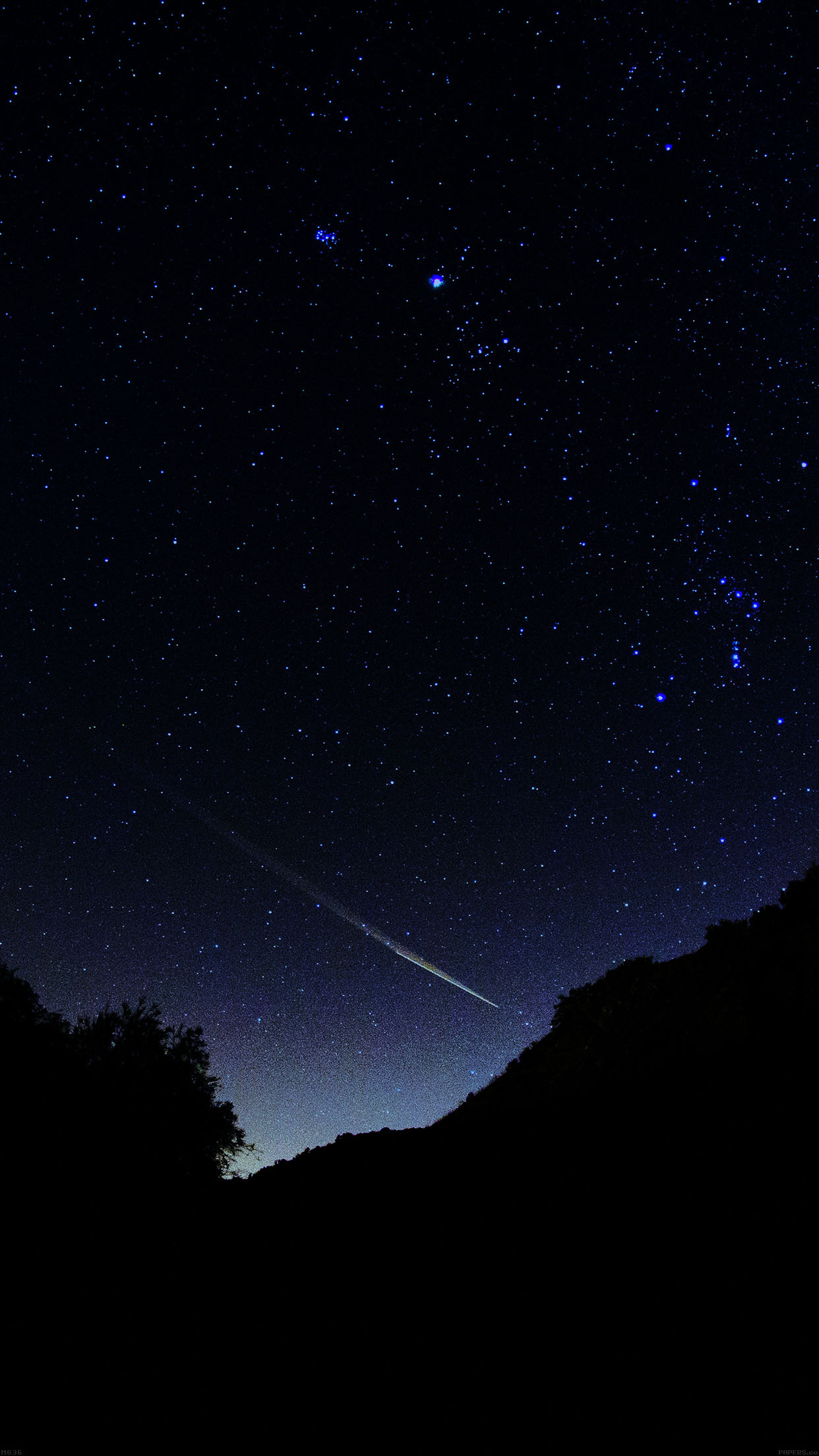 Pleiades star cluster, shooting star streak, mountain ridge silhouette, HD Phone wallpaper