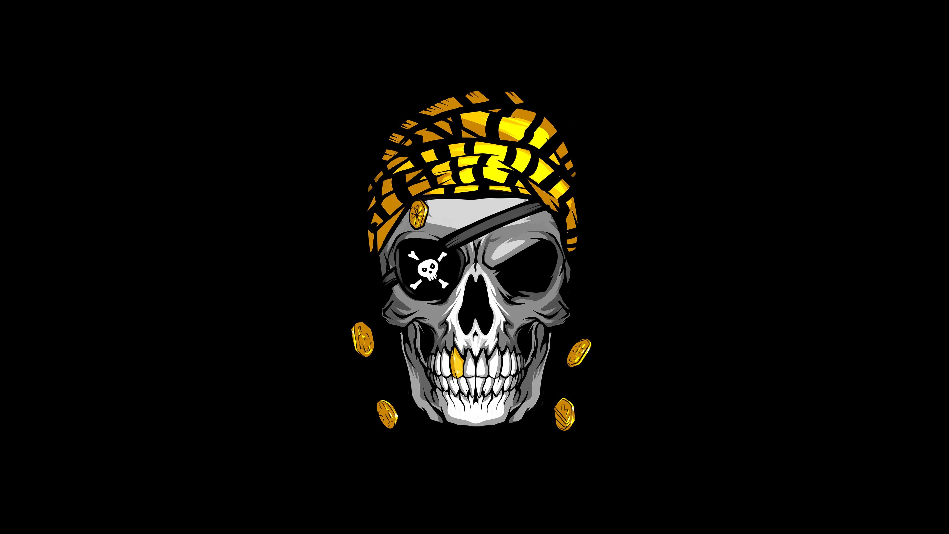 Jolly Roger eyepatch patch, Pirate skull yellow bandana, Falling gold coins, 4K Desktop wallpaper