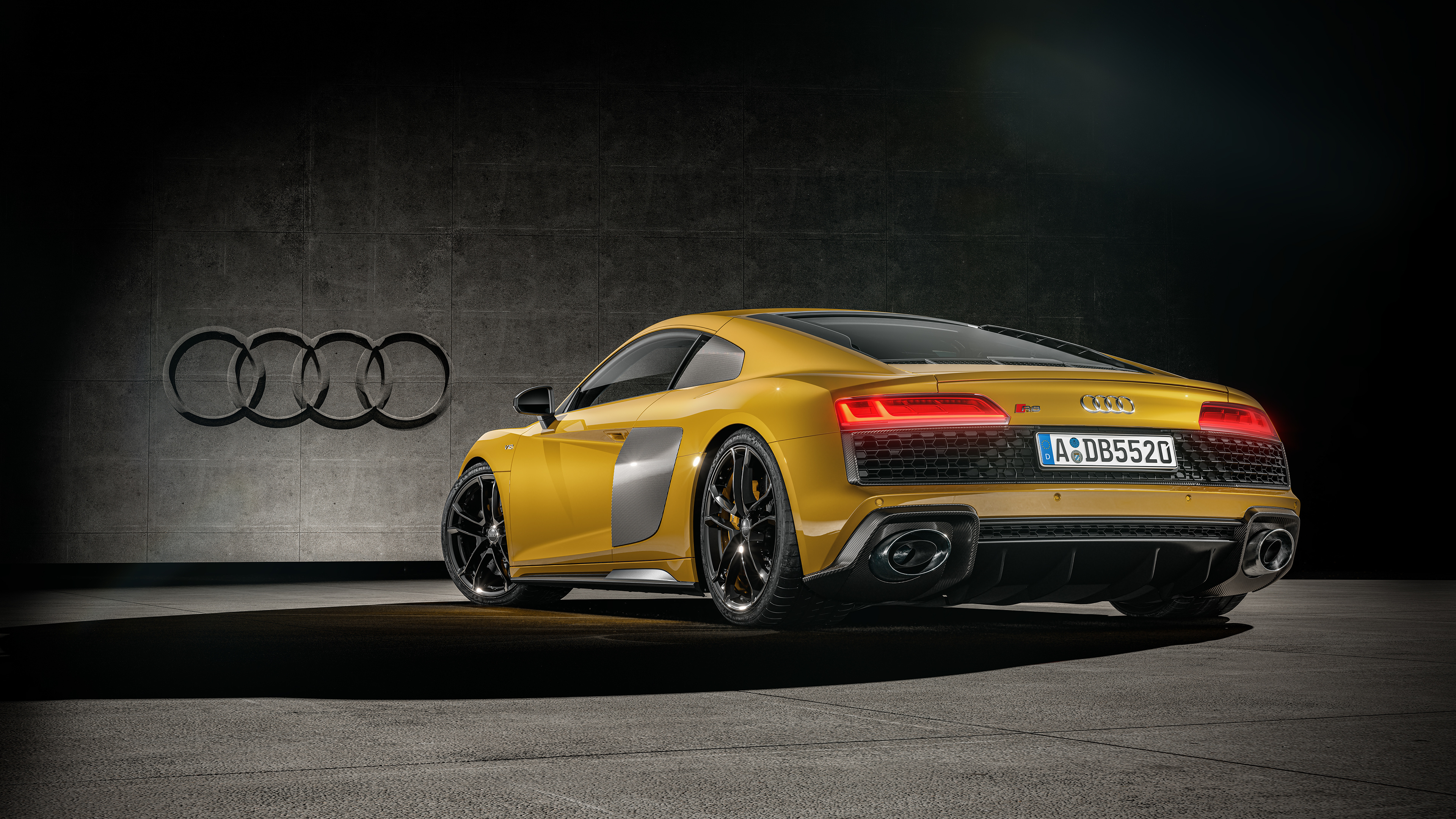 Audi R8 V10 Coupe, Audi rings wall logo, concrete studio setting, 4K Desktop wallpaper
