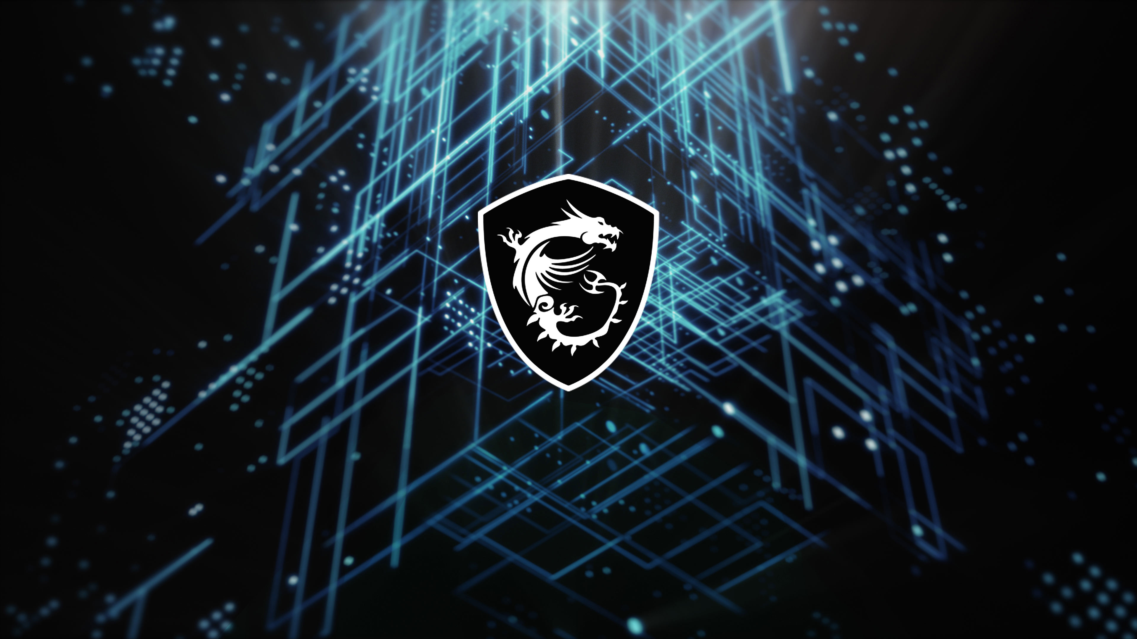 MSI dragon shield logo, blue glowing circuit traces, digital cyberspace matrix, 4K Desktop wallpaper
