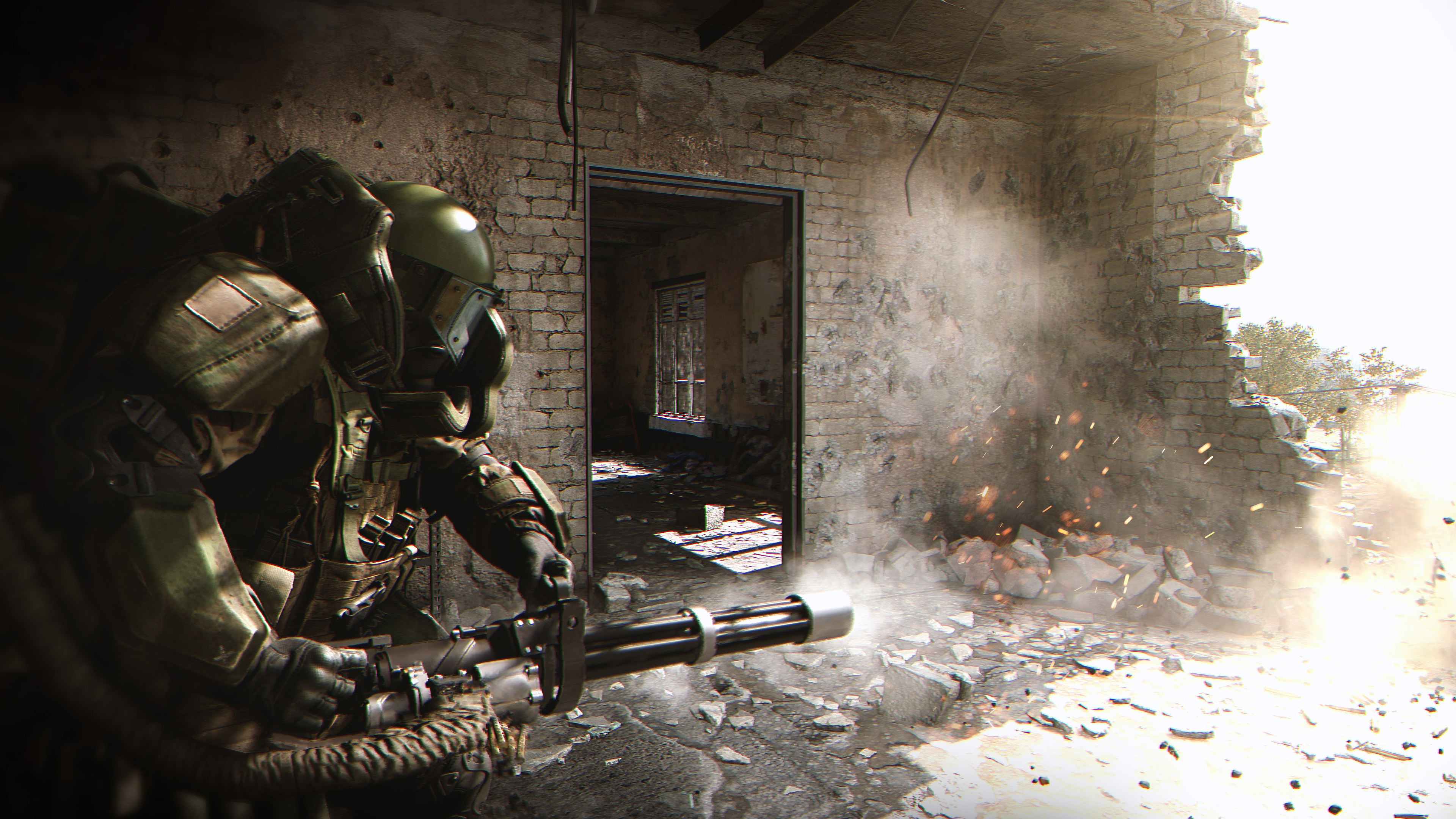 Call of Duty: Modern Warfare Juggernaut, Firing M134 Minigun, Ruined brick building interior, 4K Desktop wallpaper