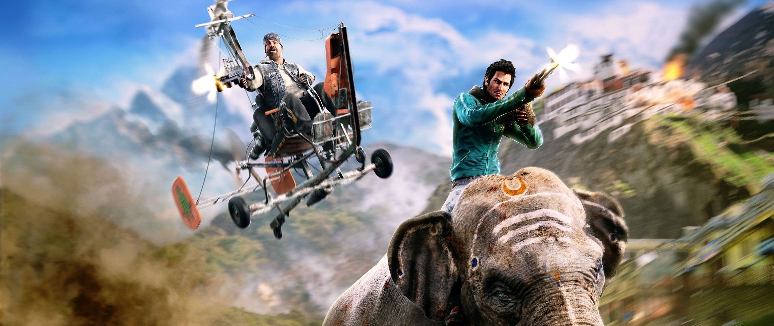 Ajay Ghale, Hurk Drubman Jr., Buzzer gyrocopter, War-painted Asian elephant, Dual Screen Desktop wallpaper