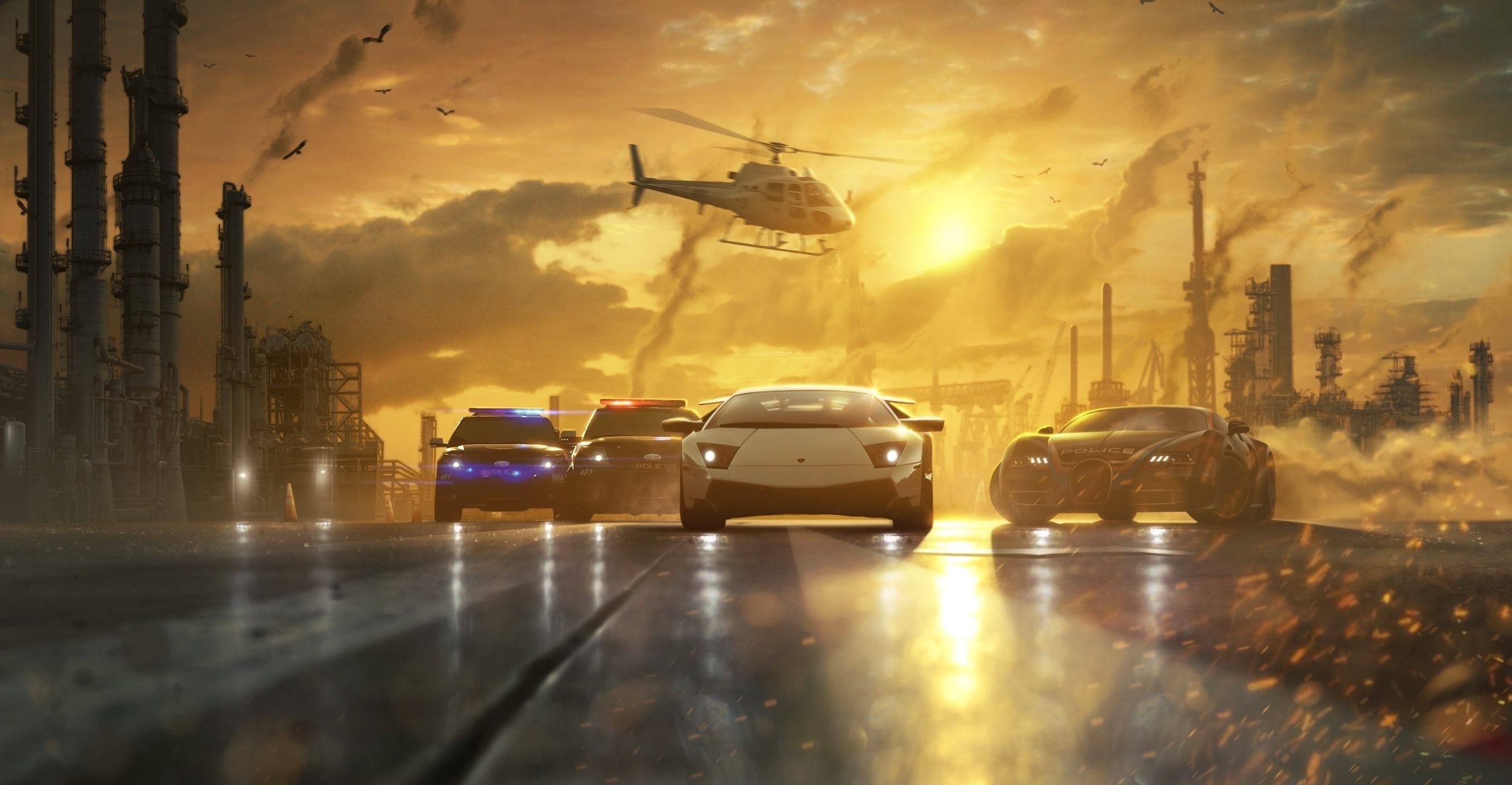 Bugatti Veyron police car, Lamborghini sports car, police helicopter, industrial refinery sunset, HD Desktop wallpaper