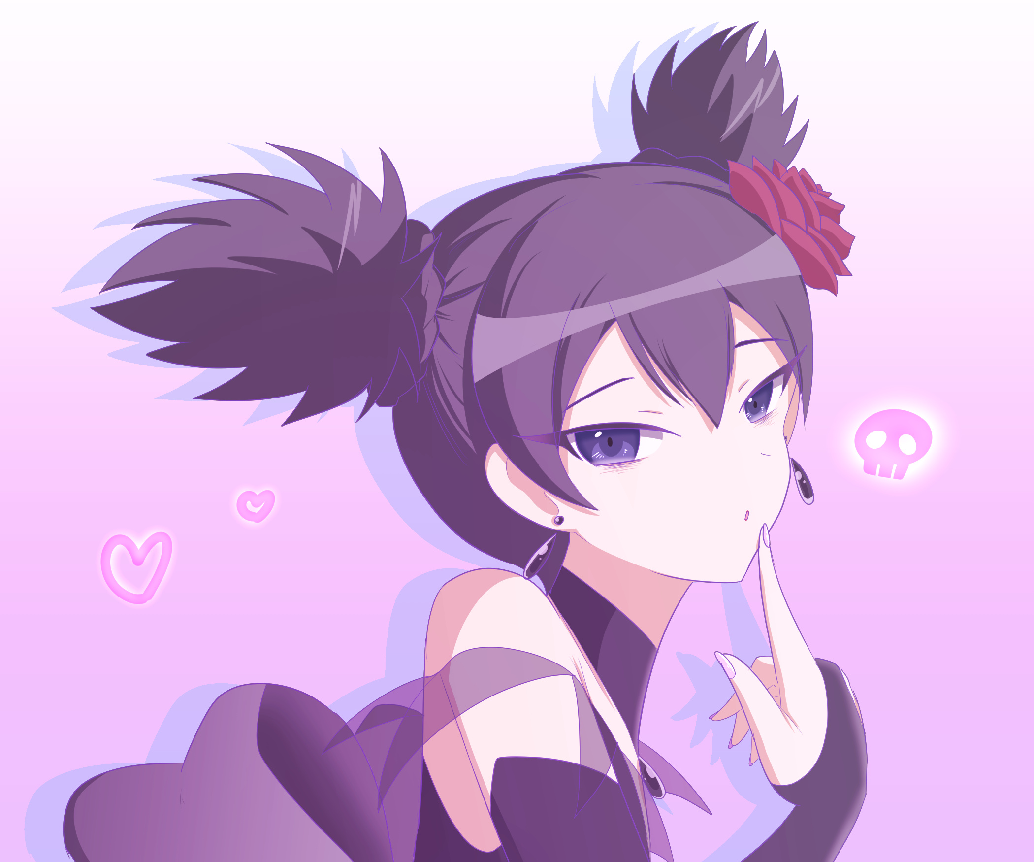 Kurumi Nui, Kuromi skull symbol, red rose hair accessory, HD Desktop wallpaper