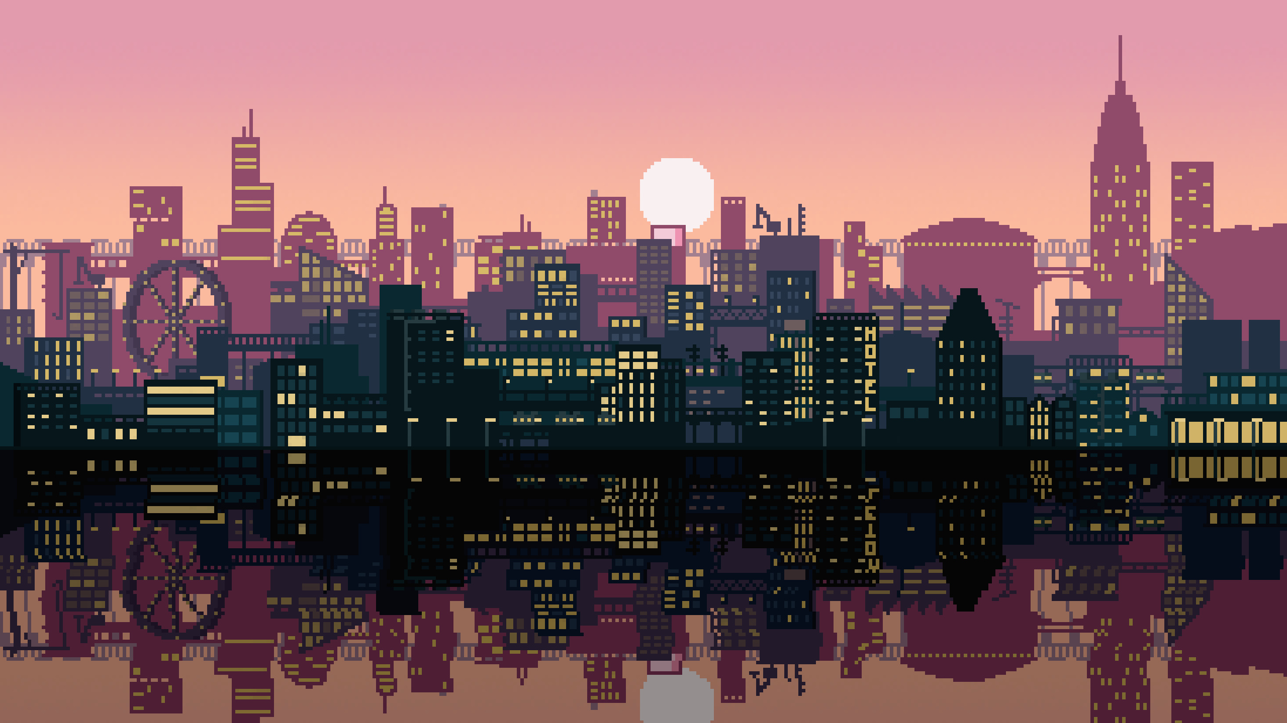 illuminated HOTEL sign, pixel art cityscape reflection, pixelated ferris wheel silhouette, HD Desktop wallpaper