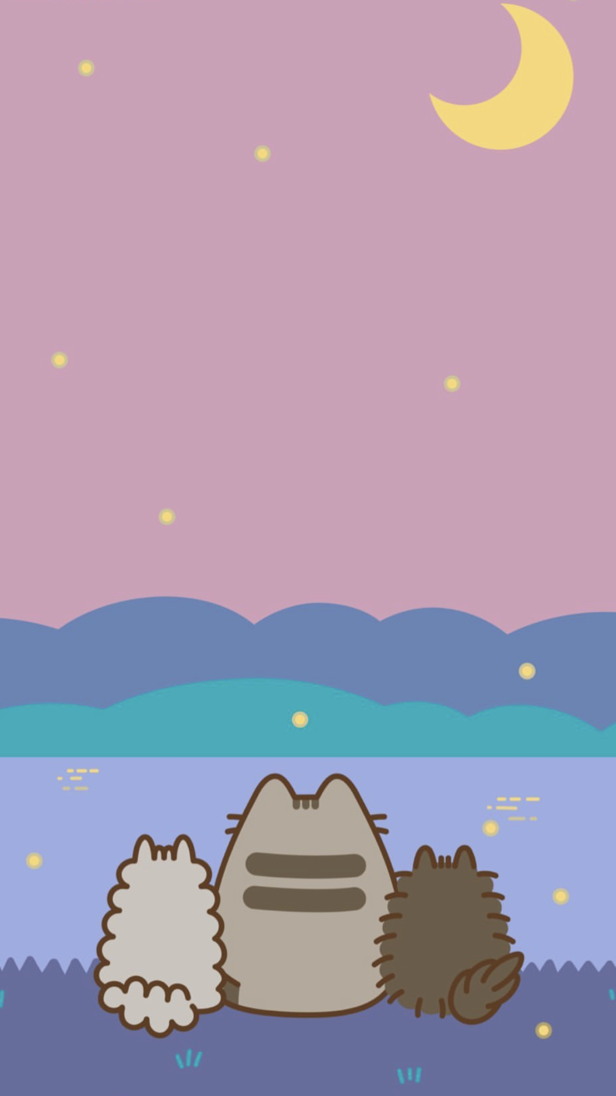 Pusheen, Stormy, and Pip, Pastel crescent moon sky, Lakeside fireflies at night, HD Phone wallpaper