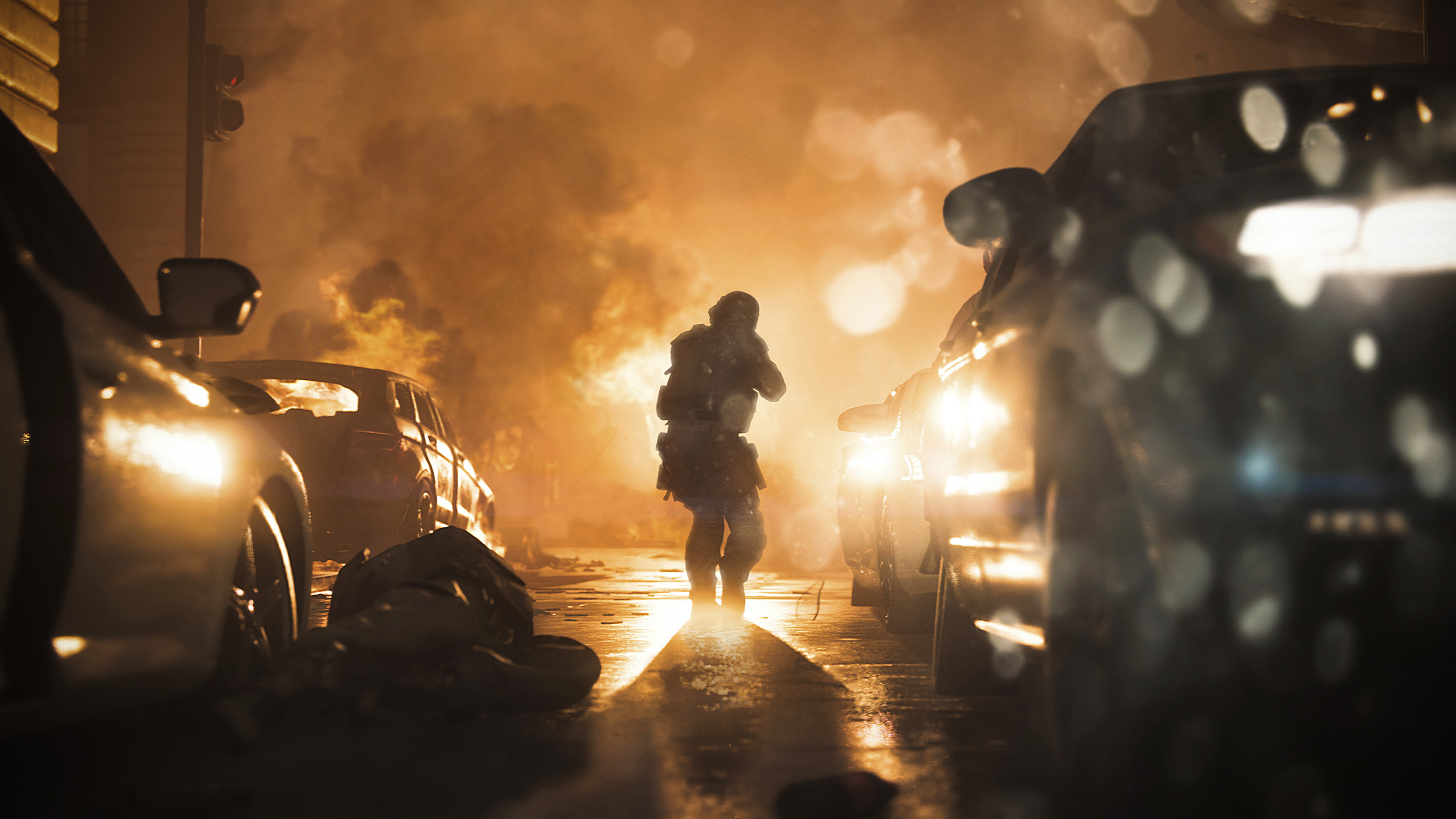 Call of Duty: Modern Warfare, Silhouetted armed soldier, Burning city street, 4K Desktop wallpaper