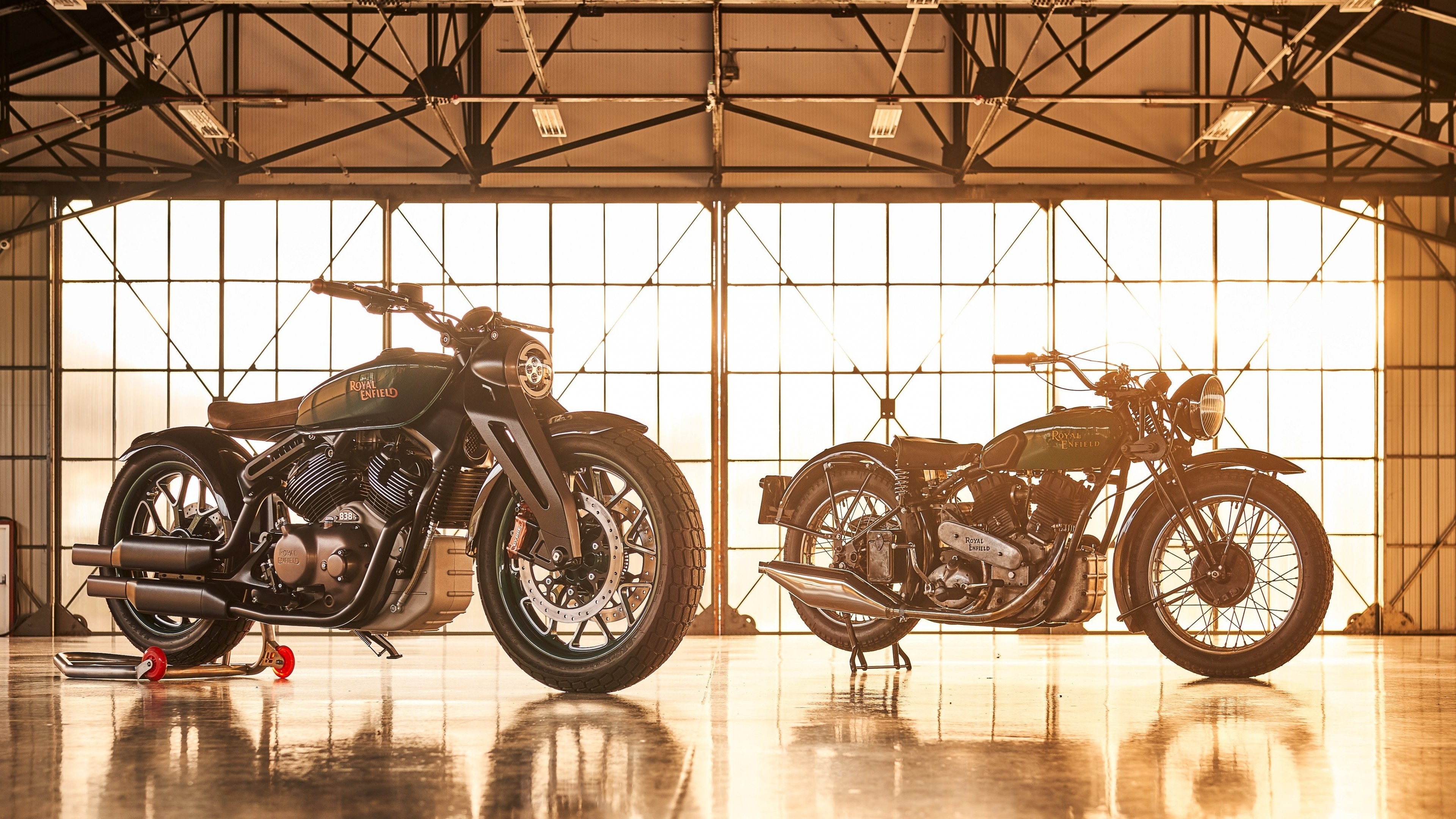 Royal Enfield Concept KX, Royal Enfield Model KX, airplane hangar, 4K Desktop wallpaper