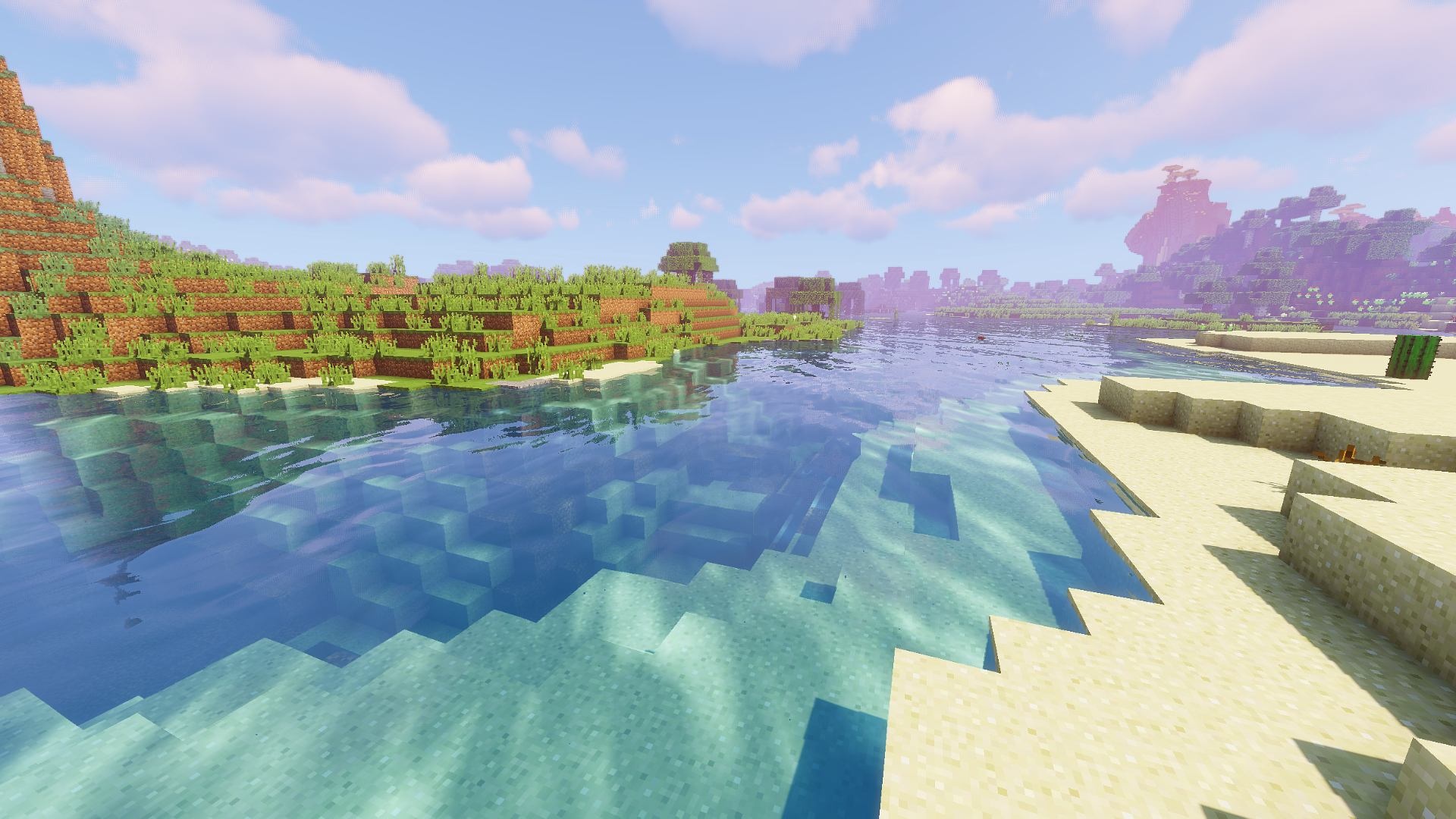 Minecraft shader water, Minecraft sandy riverbank, Minecraft plains biome, Full HD Desktop wallpaper