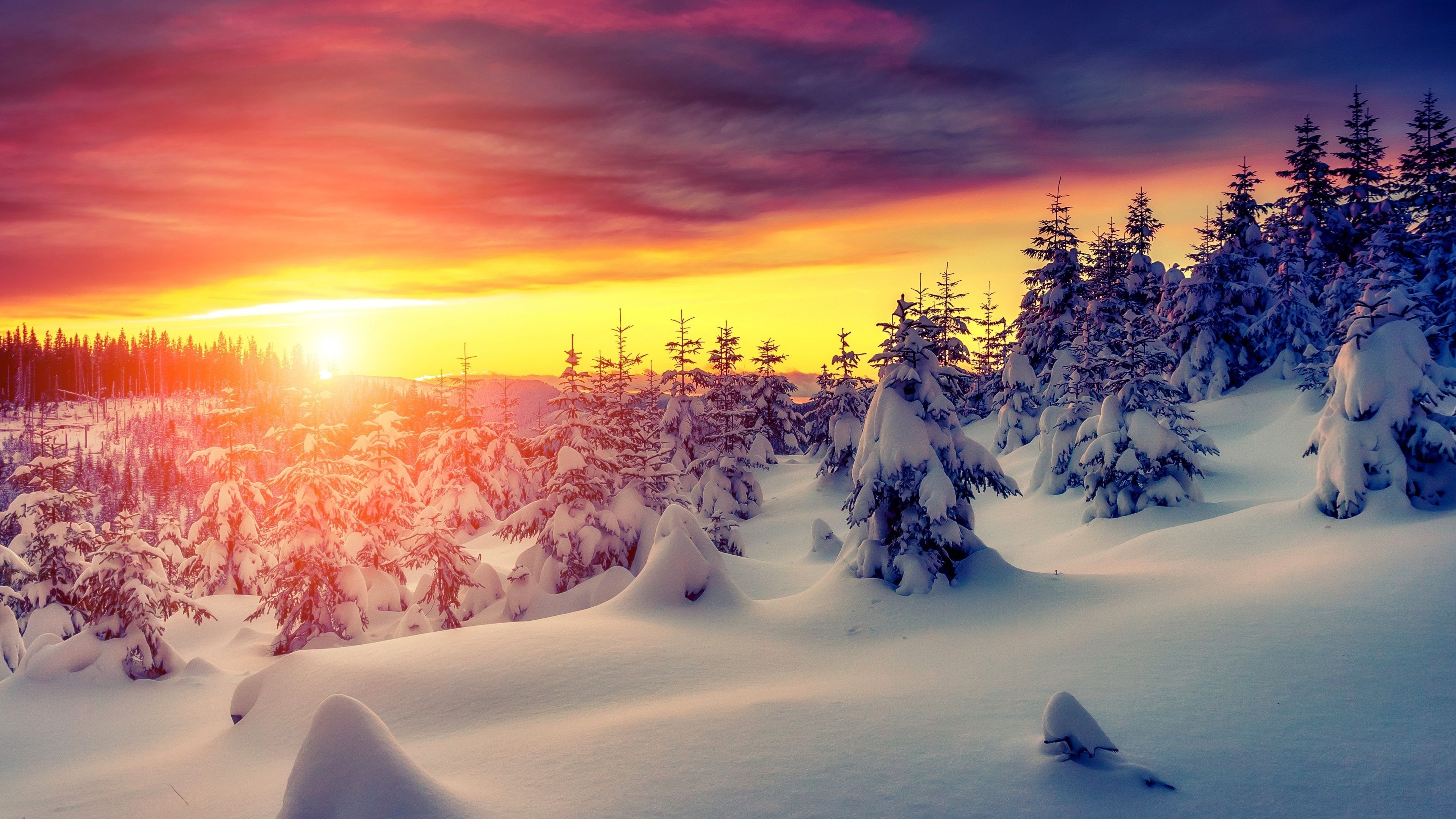 Sunset, Snow Wallpaper, 3840x2160 4K Desktop