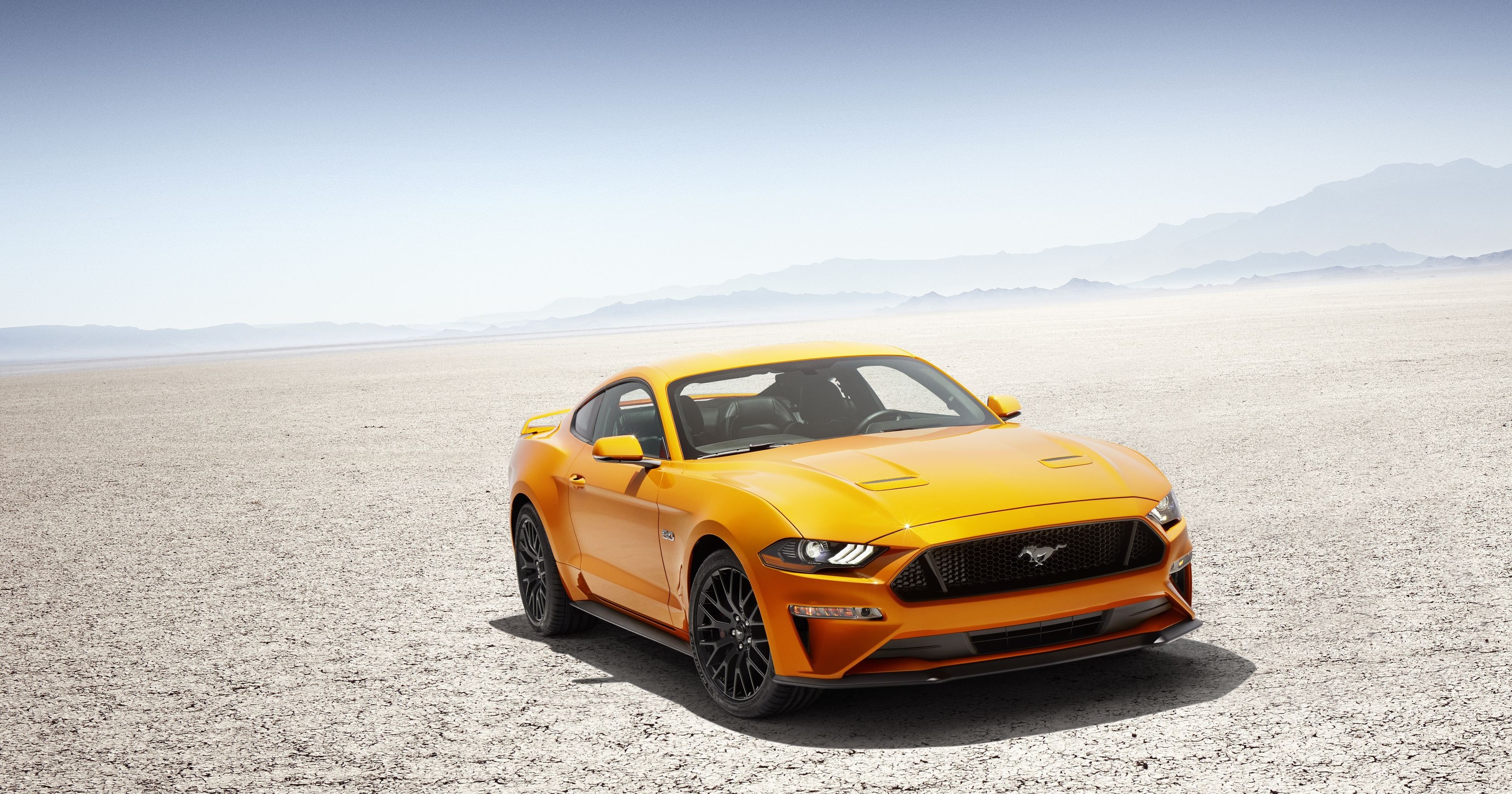 Ford Mustang GT coupe, Cracked dry lakebed, Distant desert mountains, HD Desktop wallpaper