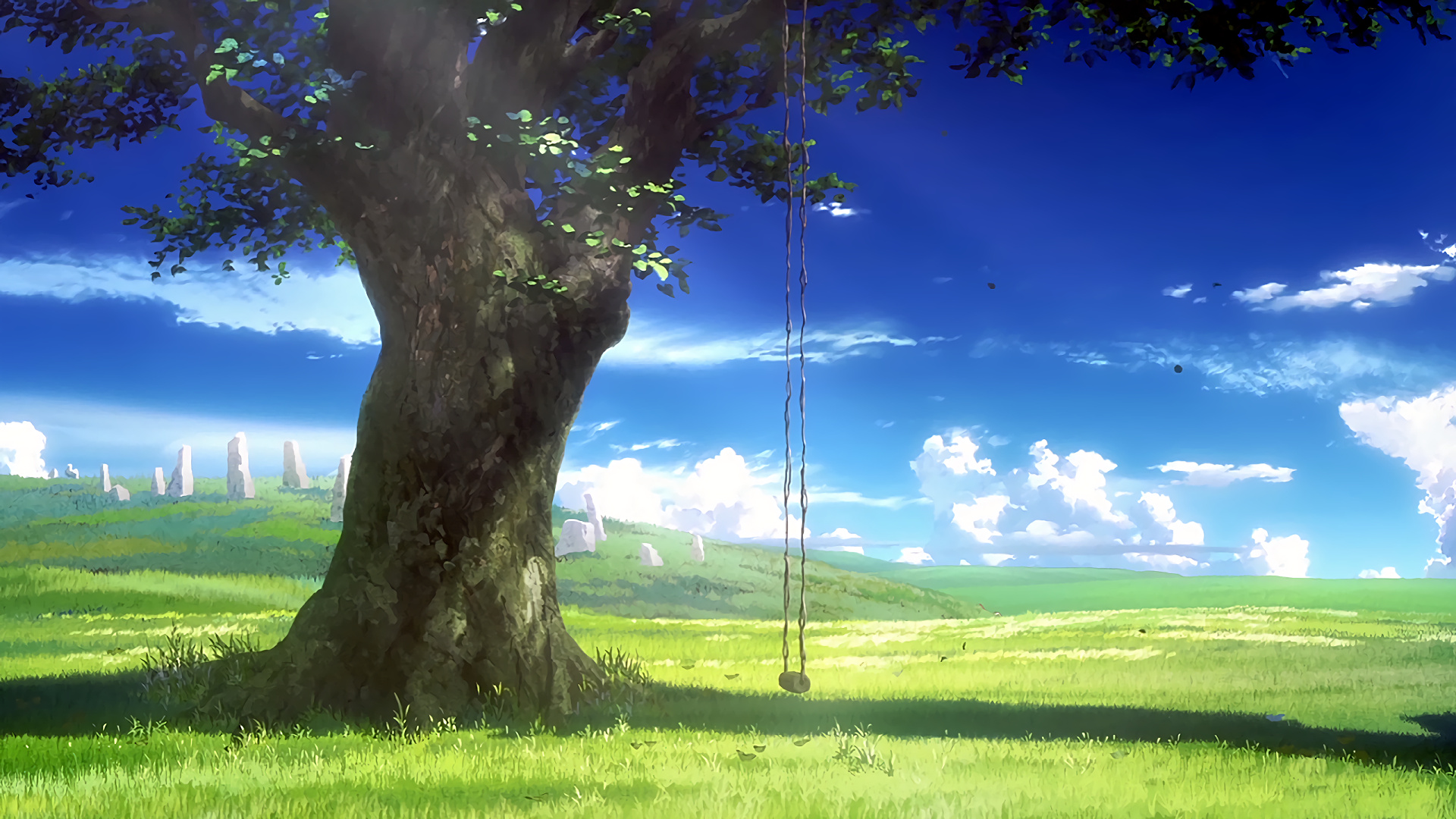 hanging rope tree swing, distant megalith standing stones, sunlit green meadow, Full HD Desktop wallpaper