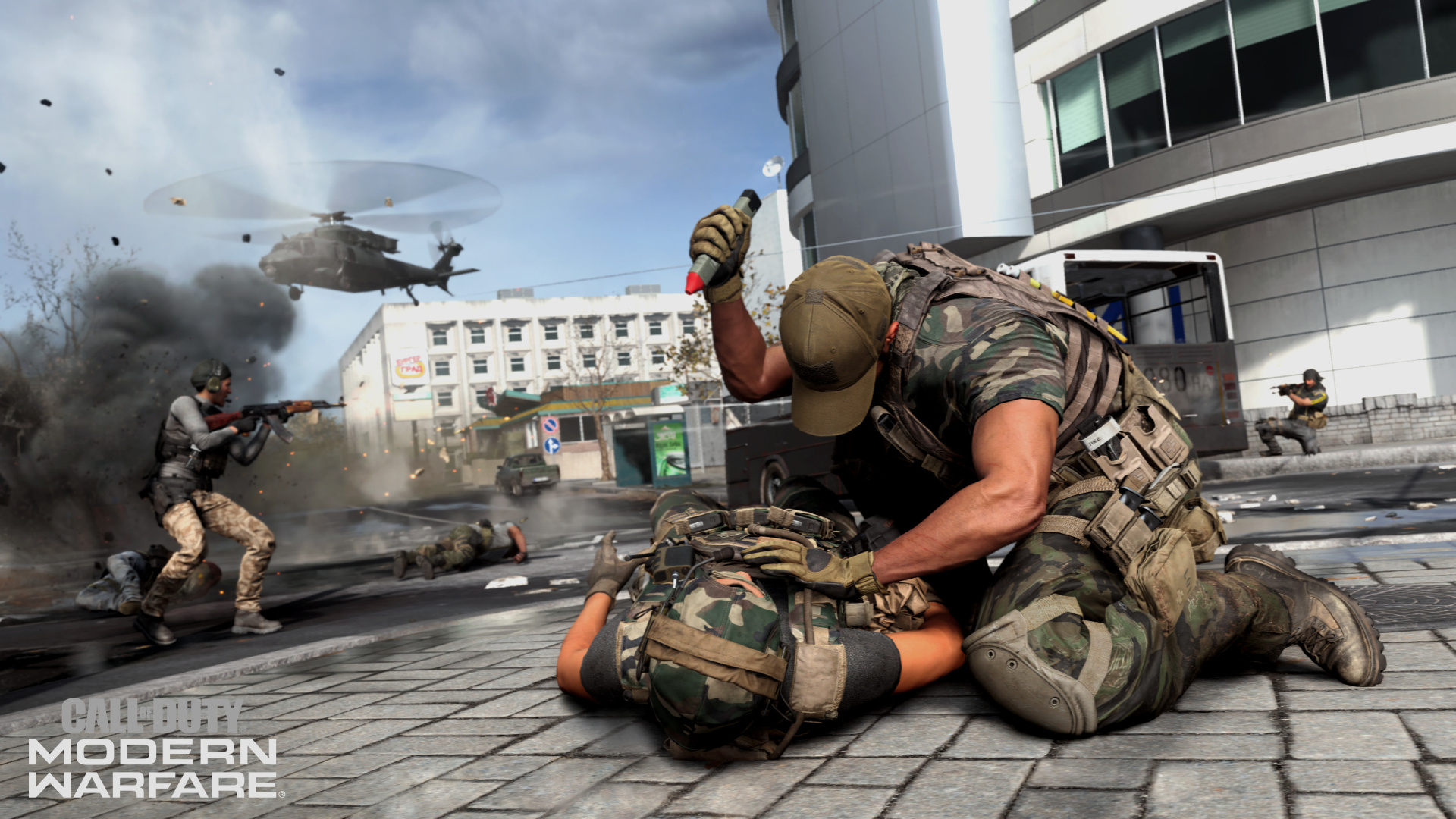 Call of Duty: Modern Warfare, Tactical finishing move execution, UH-60 Black Hawk helicopter, Full HD Desktop wallpaper