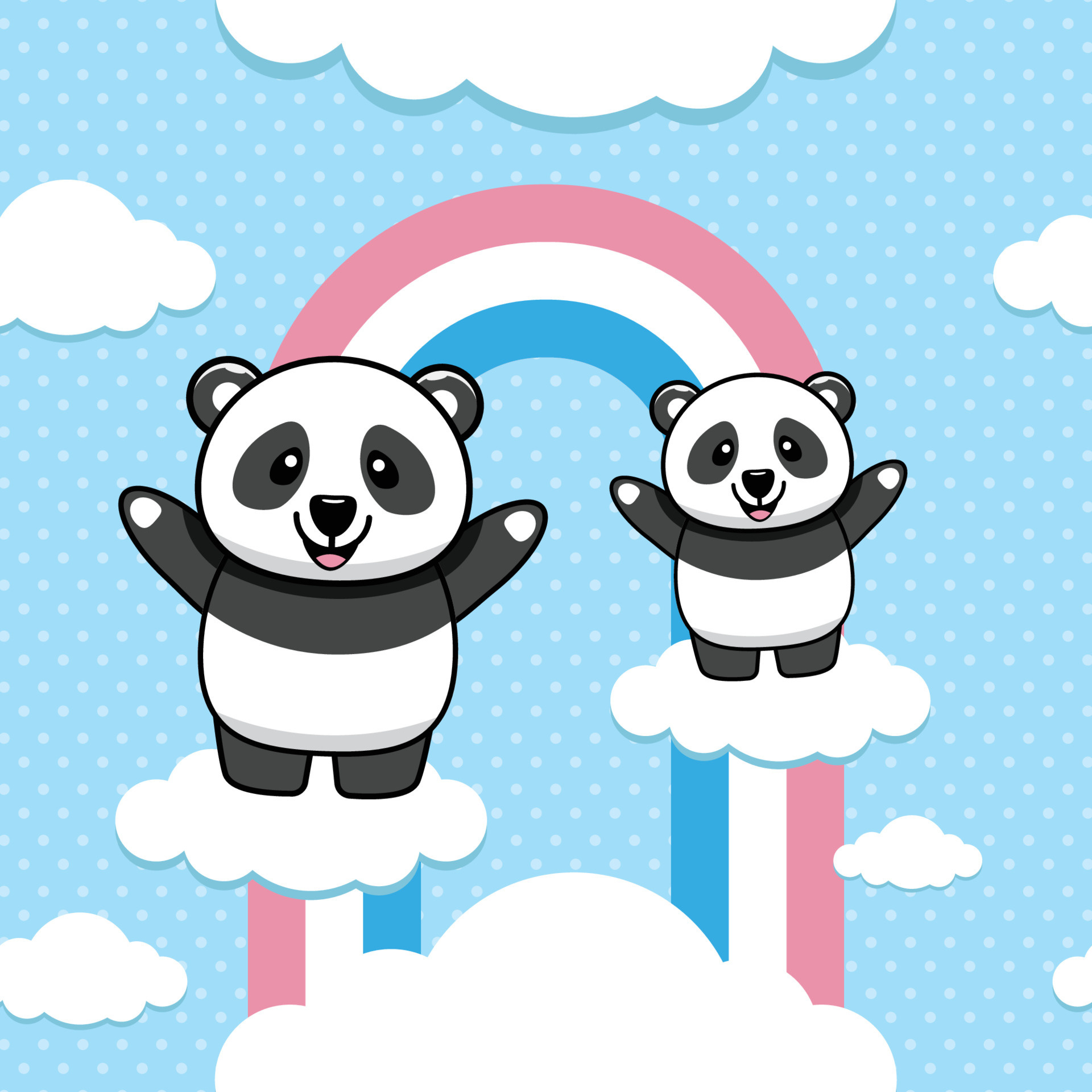 Two cartoon pandas, Pastel arch rainbow, Polka dot sky, HD Phone wallpaper