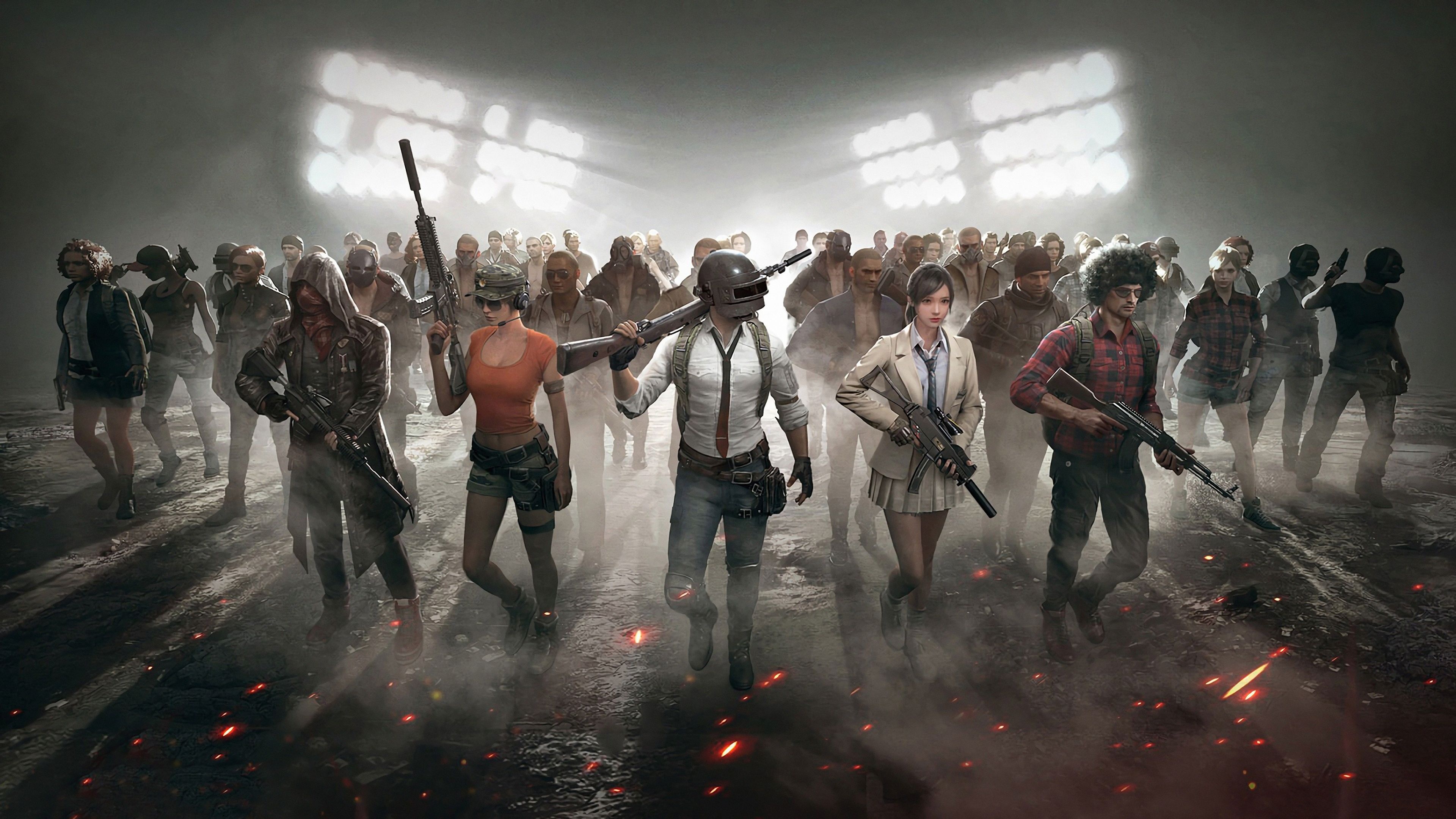 PUBG Lone Survivor, Level 3 Helmet, PUBG Mobile characters, stadium floodlights, 4K Desktop wallpaper