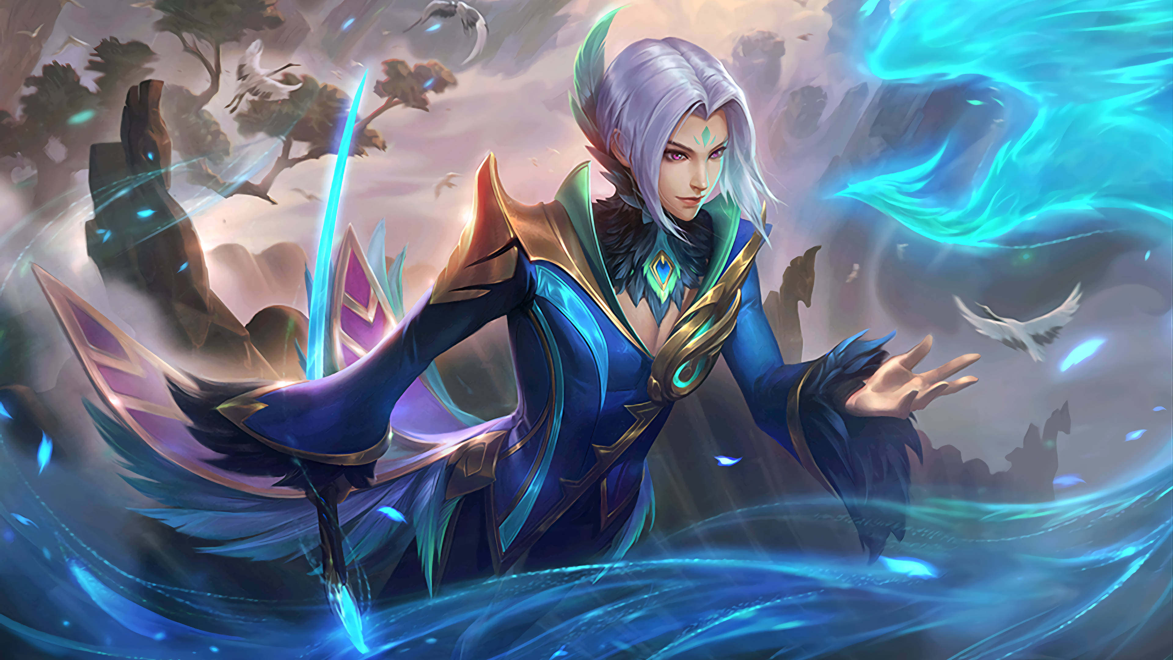 Ling Cyan Finch, glowing cyan sword, swirling blue energy, 4K Desktop wallpaper