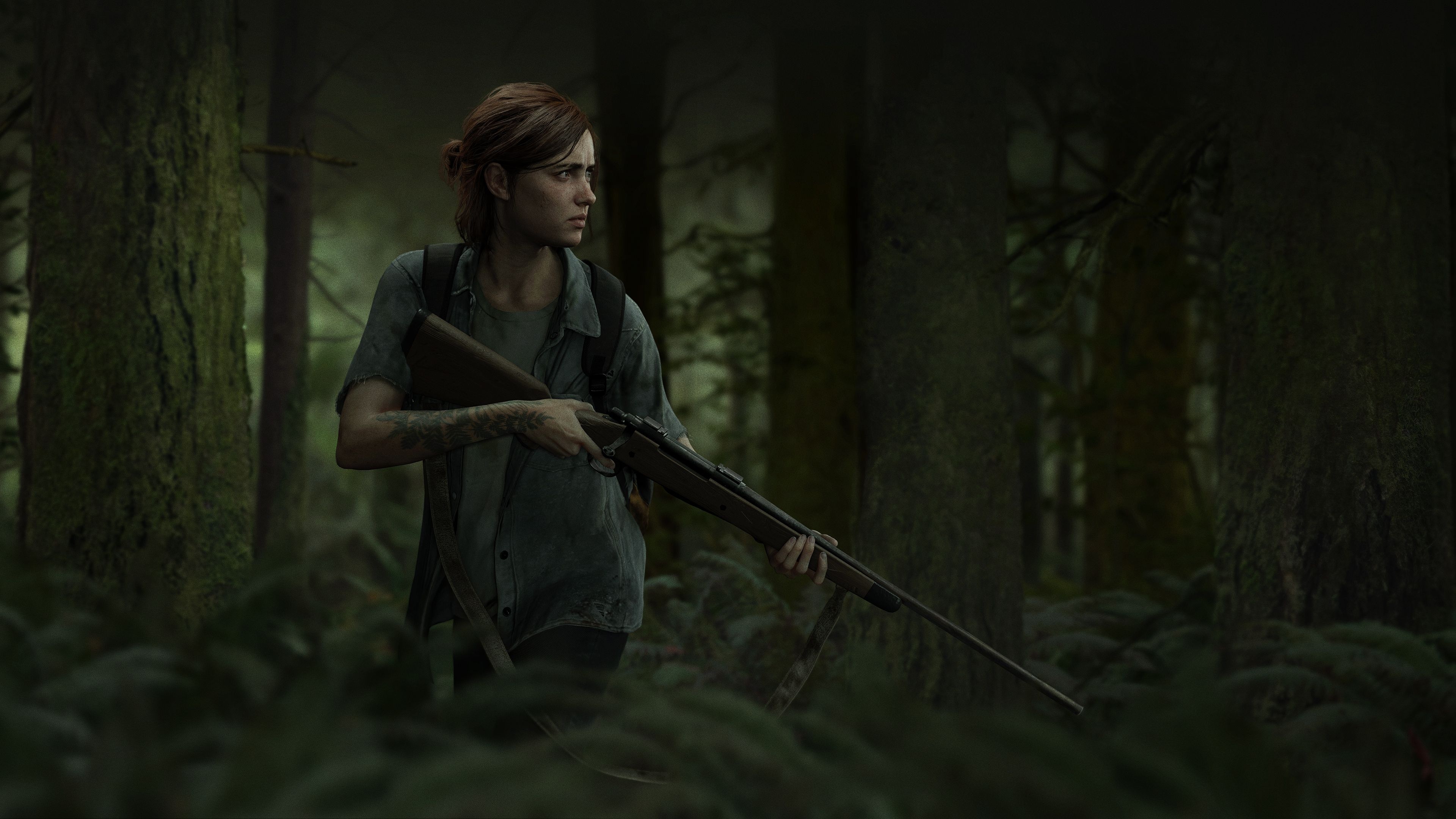 Ellie Williams, bolt-action rifle, dense overgrown forest, 4K Desktop wallpaper