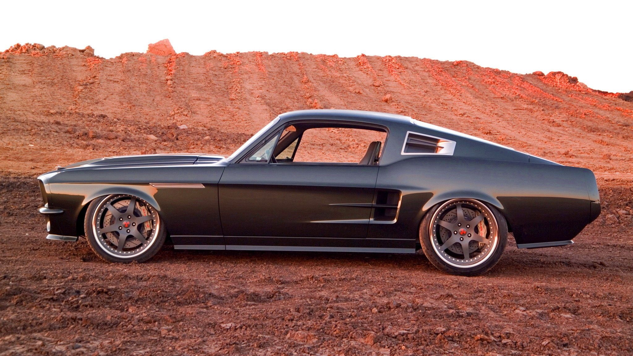 1967 Obsidian SG-One Mustang, custom multi-piece wheels, red clay desert terrain, HD Desktop wallpaper