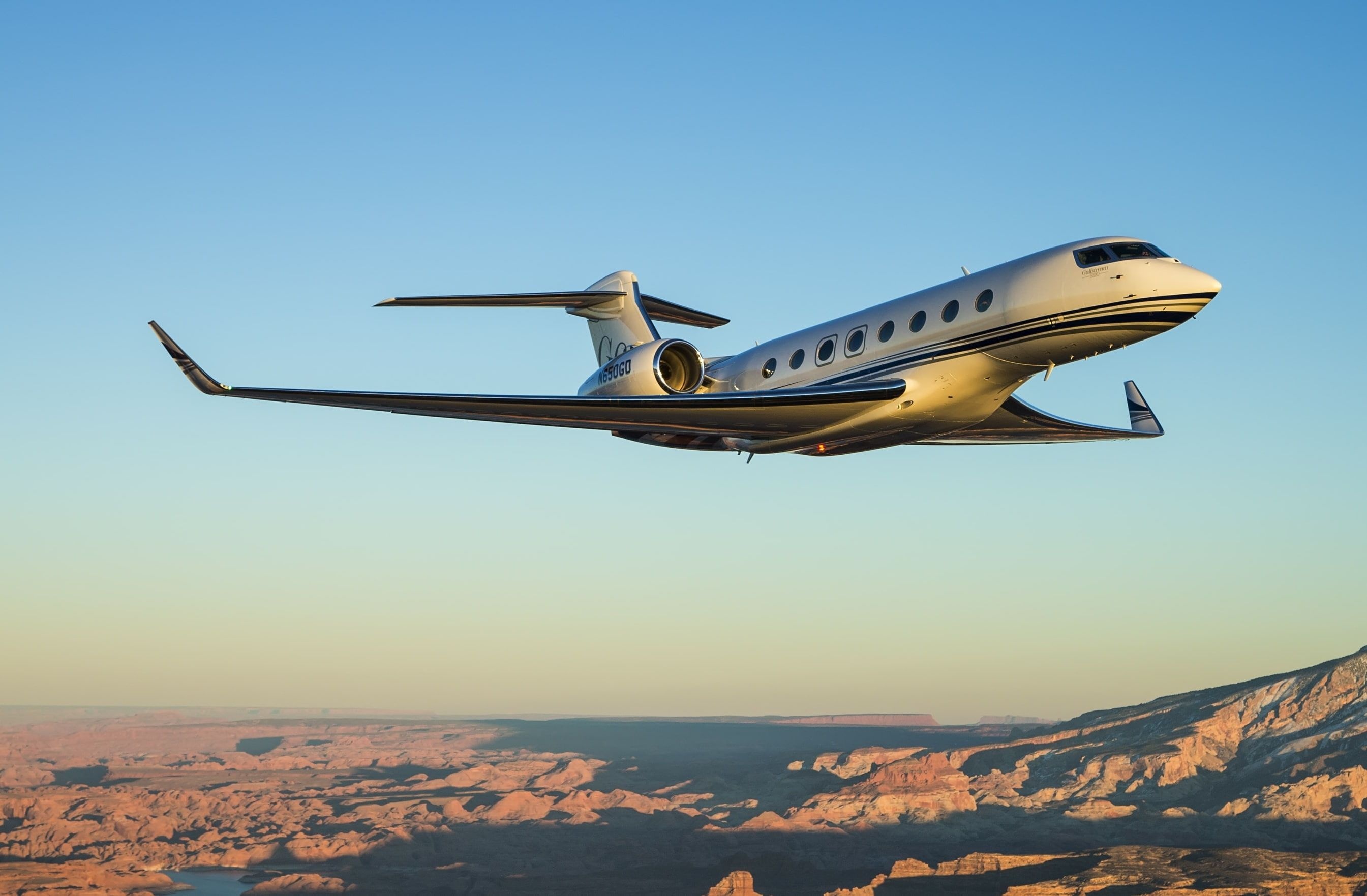 Gulfstream G650, In-flight business jet, Arid canyon landscape, HD Desktop wallpaper