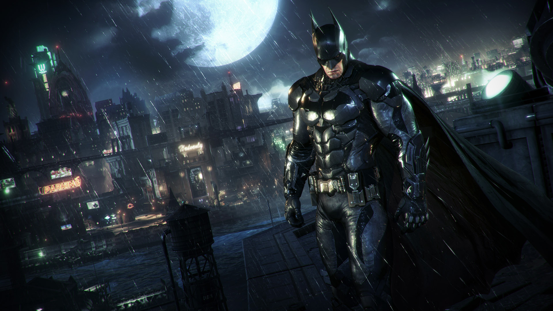 Batman Arkham Knight batsuit, Rainy Gotham City skyline, Full moon night sky, Full HD Desktop wallpaper