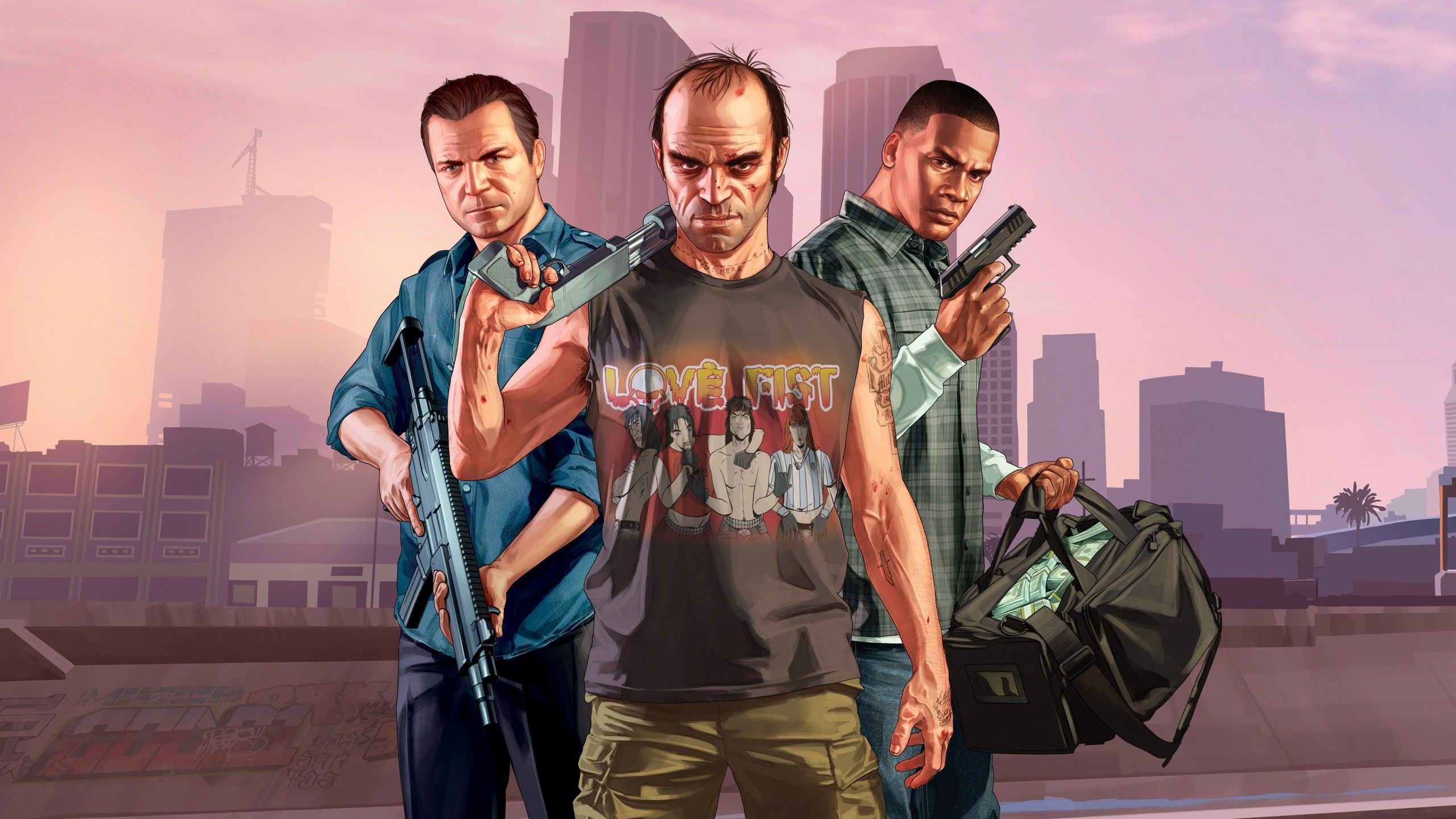 Michael De Santa with carbine rifle, Trevor Philips in band t-shirt, Franklin Clinton with duffel bag, Los Santos skyline at dusk, Grand Theft Auto V artwork, HD Desktop wallpaper