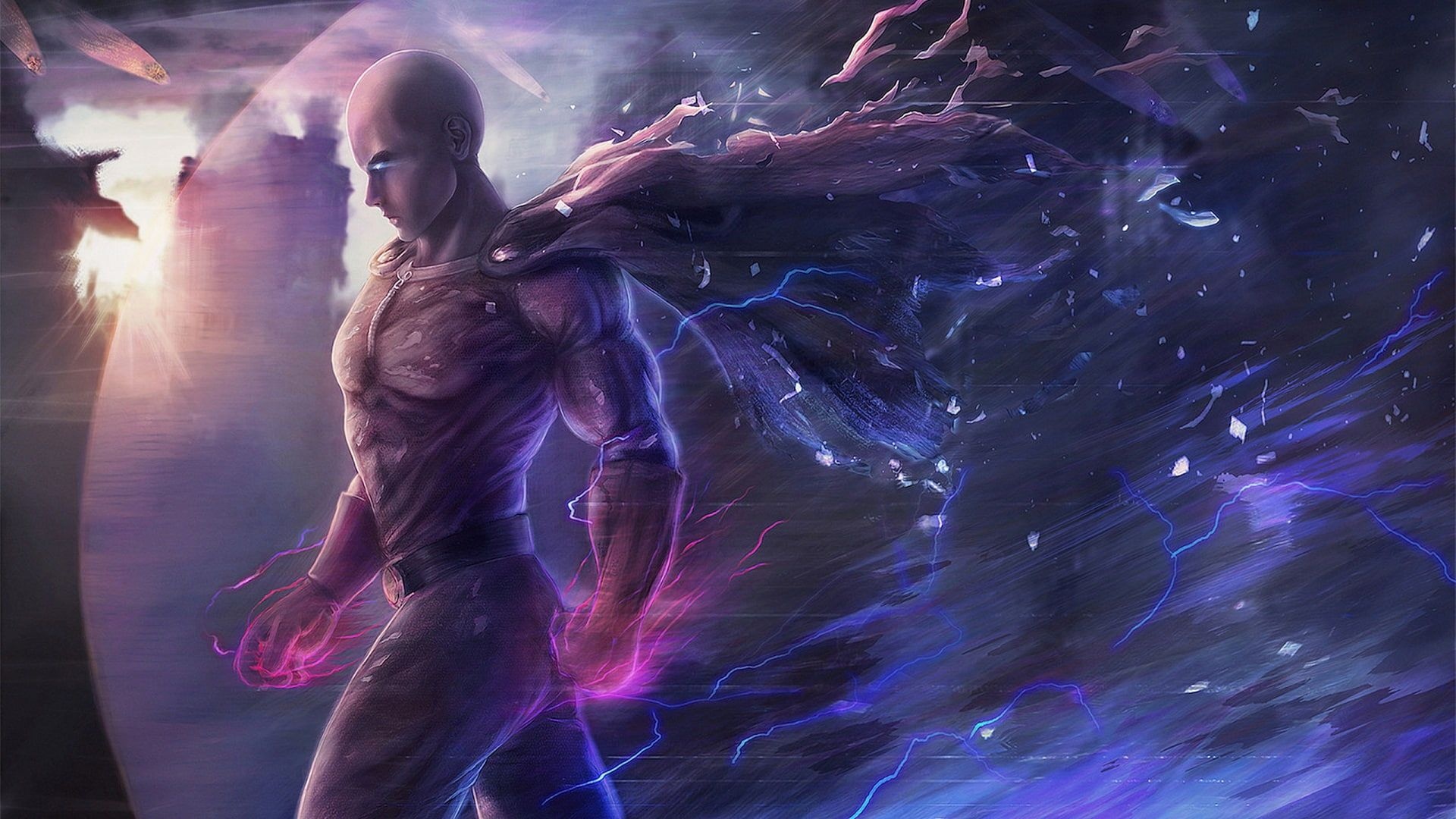 Saitama, Glowing fist aura, Disintegrating cape, Full HD Desktop wallpaper