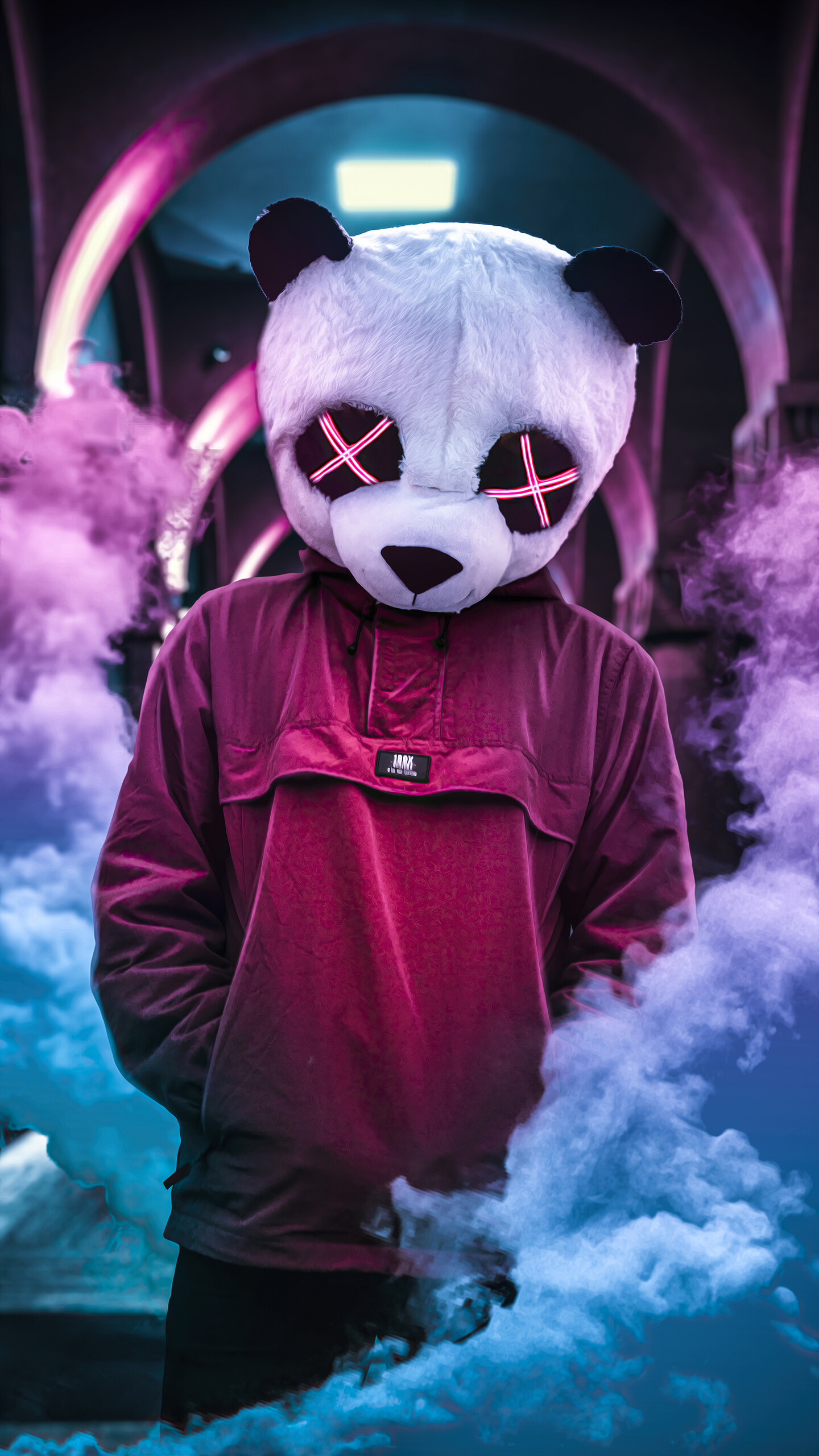 Panda with neon eyes, 4K HD resolution, Dynamic wallpaper, Mesmerizing gaze, 1440x2560 HD Phone