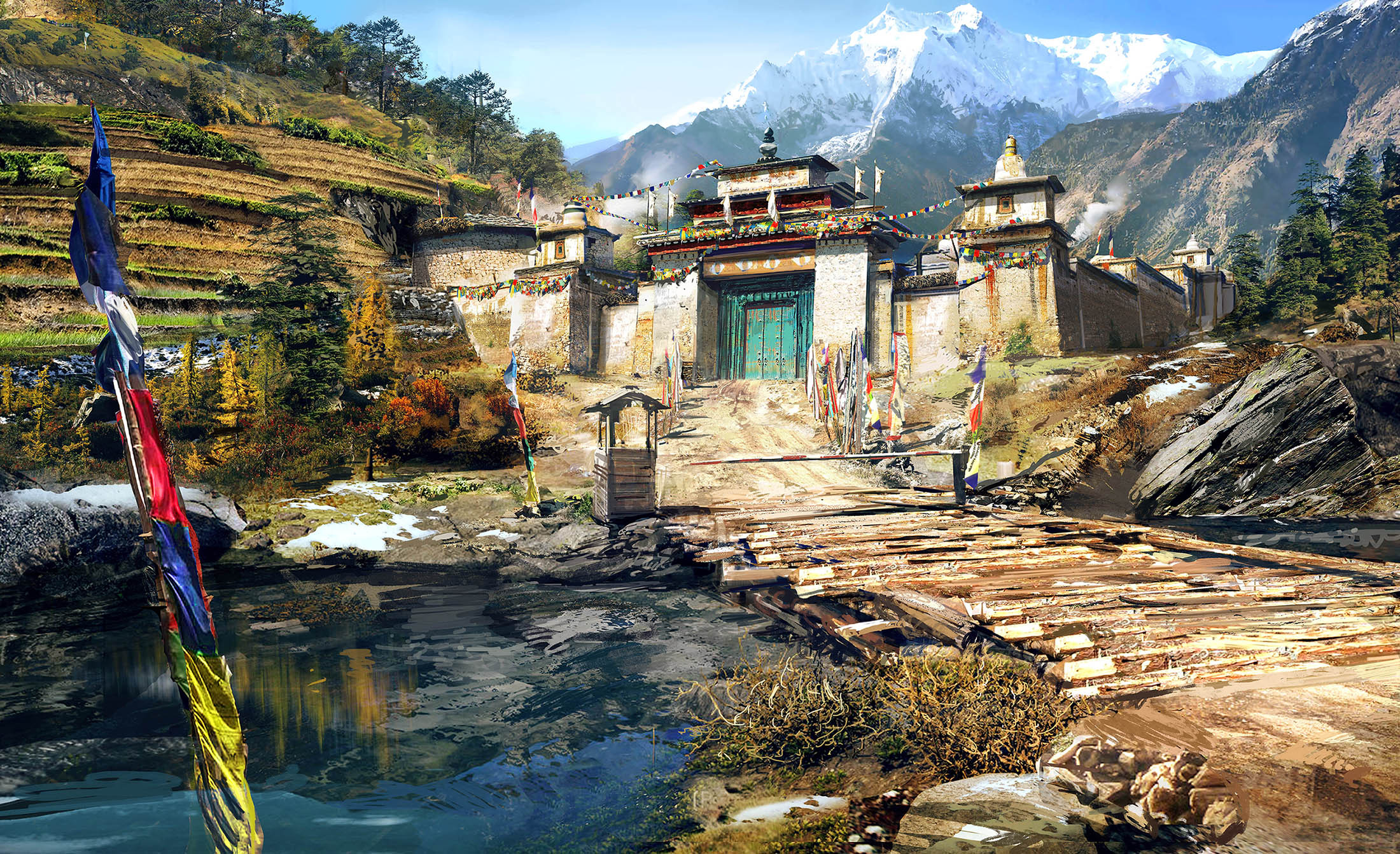 Kyrat monastery fortress, Tibetan prayer flags, Wooden log bridge over stream, HD Desktop wallpaper