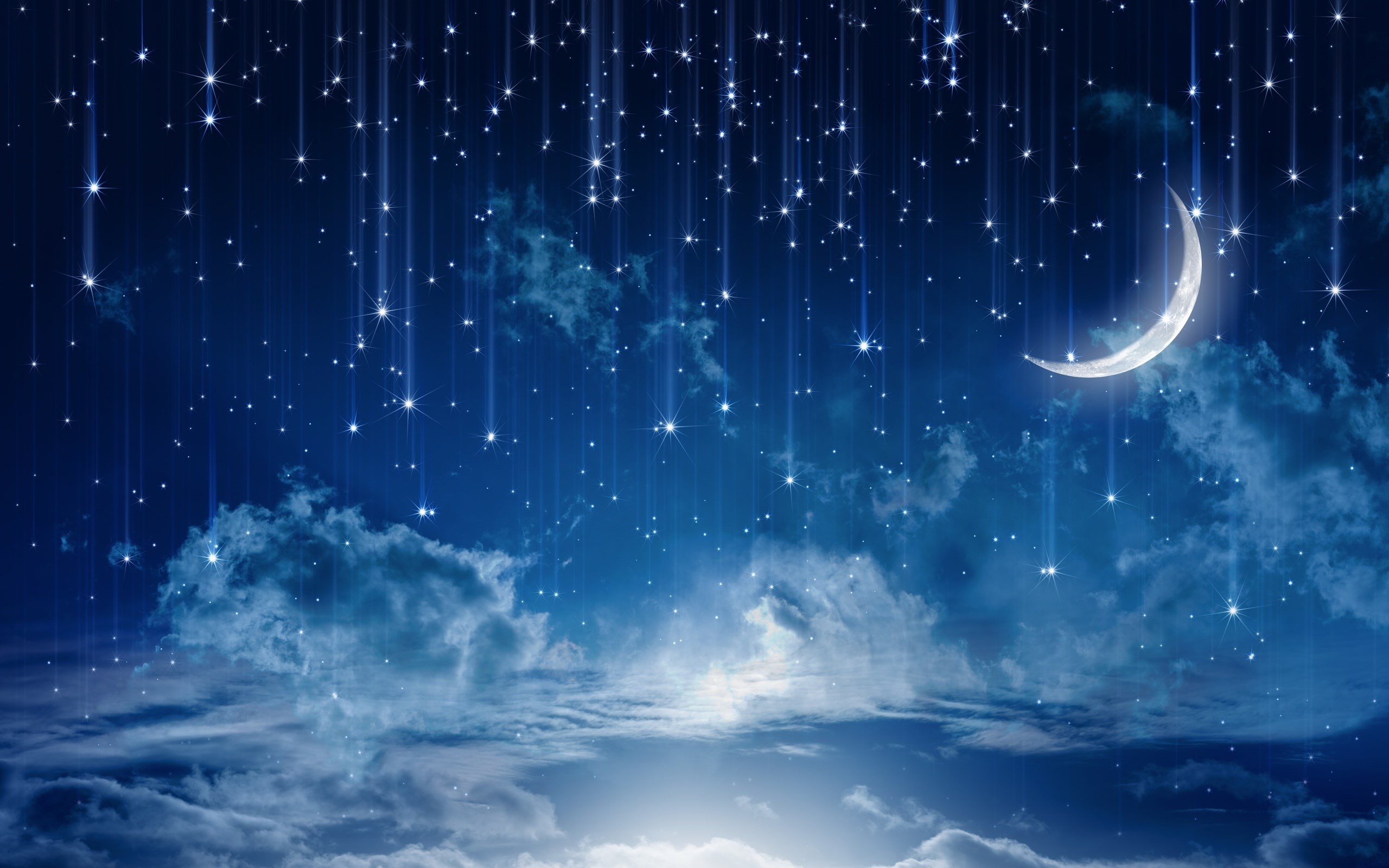 glowing crescent moon, falling star streaks, illuminated night clouds, HD Desktop wallpaper