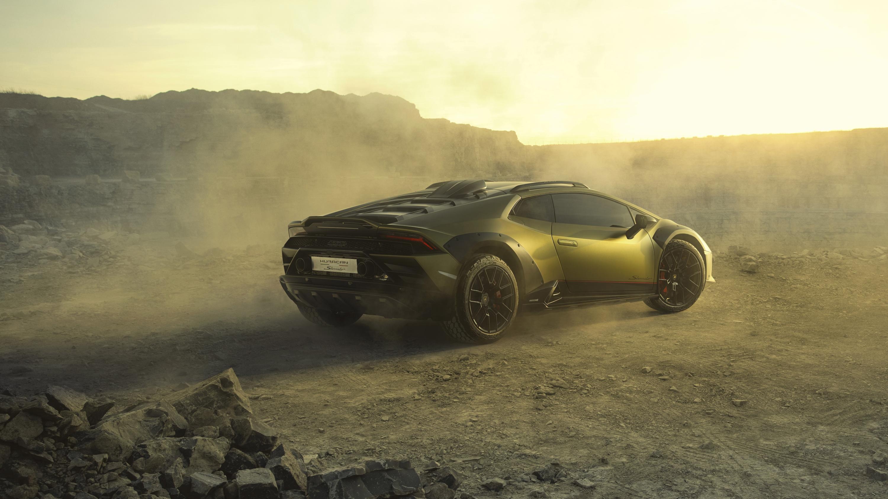 Lamborghini Huracan Sterrato, Dusty rock quarry, Sunset haze, HD Desktop wallpaper