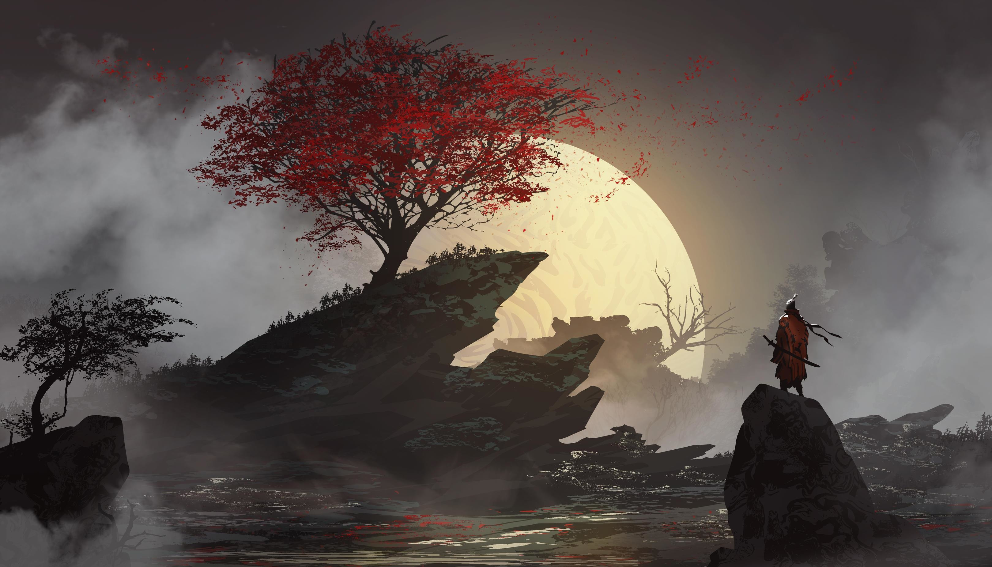 lone samurai with katana, crimson Japanese maple tree, giant glowing full moon, HD Desktop wallpaper