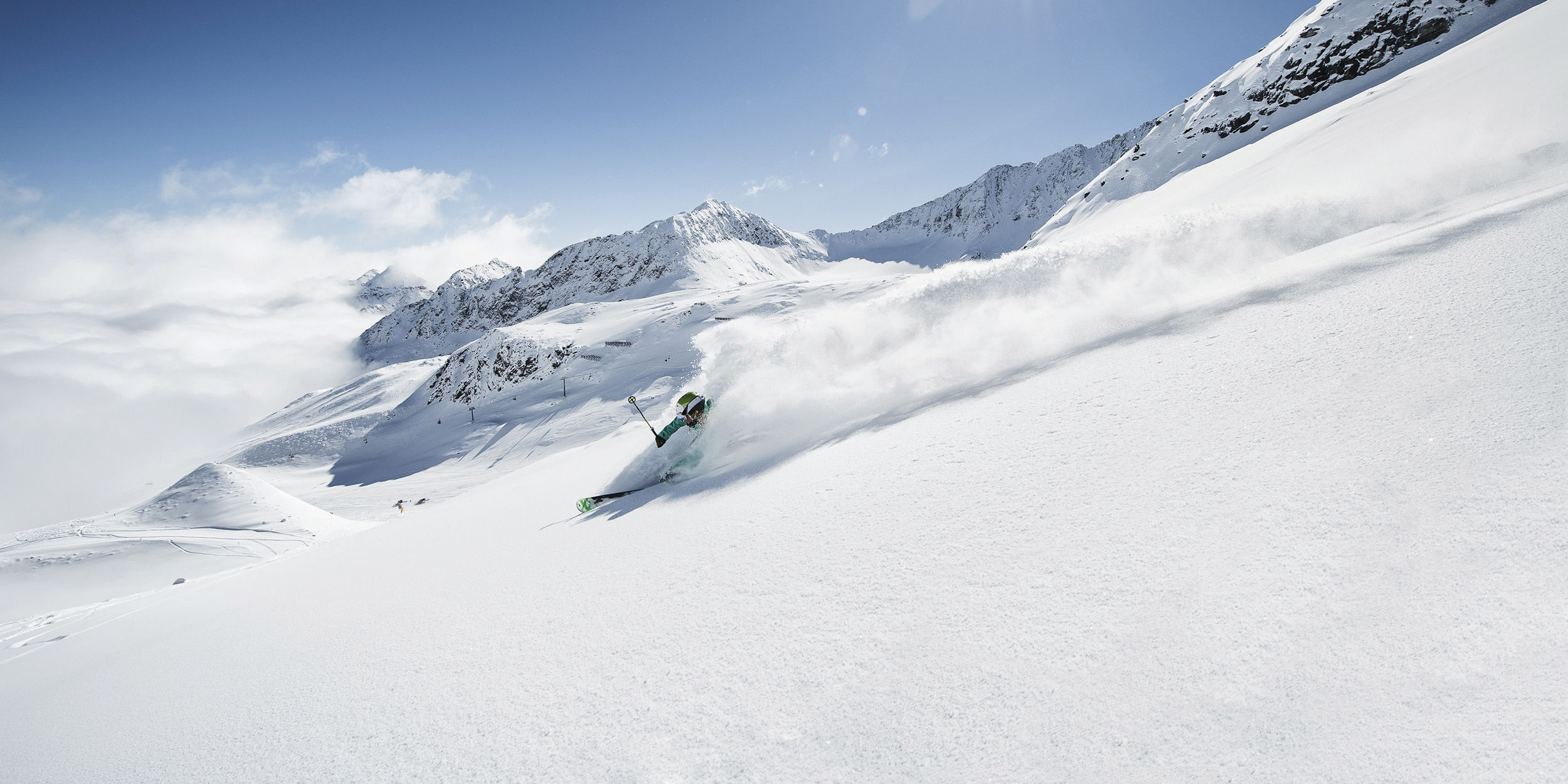 Skiing on Stubai glacier, Hotel Bergcristall, Memorable winter vacation, Glacial beauty, 2500x1250 Dual Screen Desktop