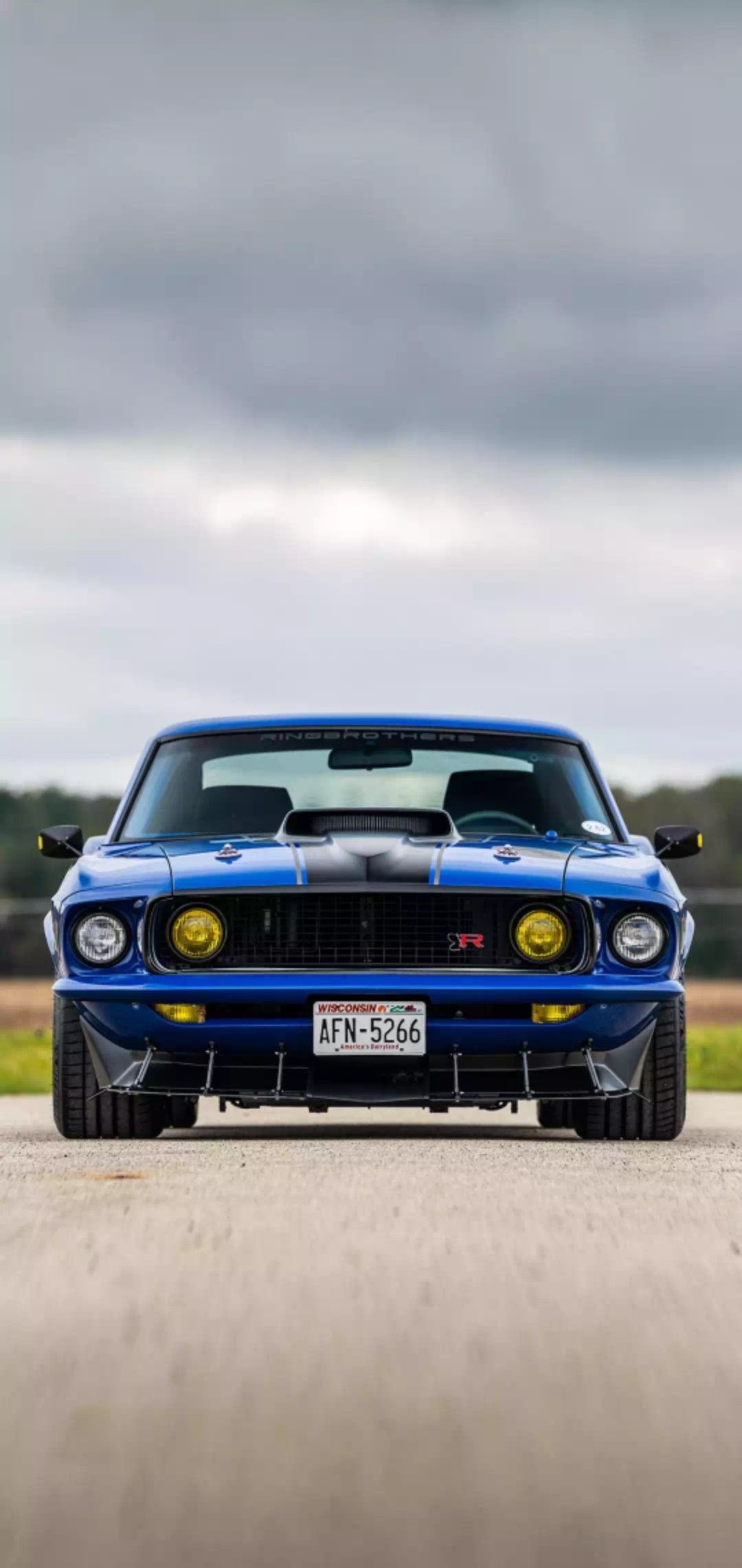 Ringbrothers 1969 Ford Mustang, Front splitter and spoiler, Overcast sky asphalt track, HD Phone wallpaper