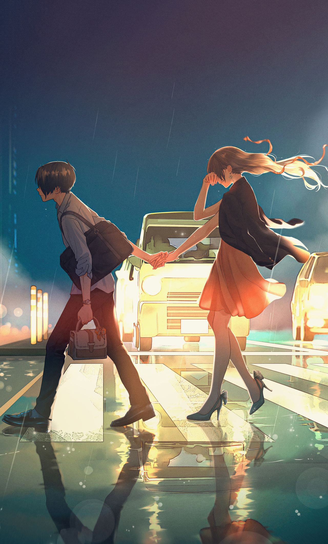 anime couple crossing street, rainy pedestrian crosswalk reflections, car headlights night illumination, HD Phone wallpaper