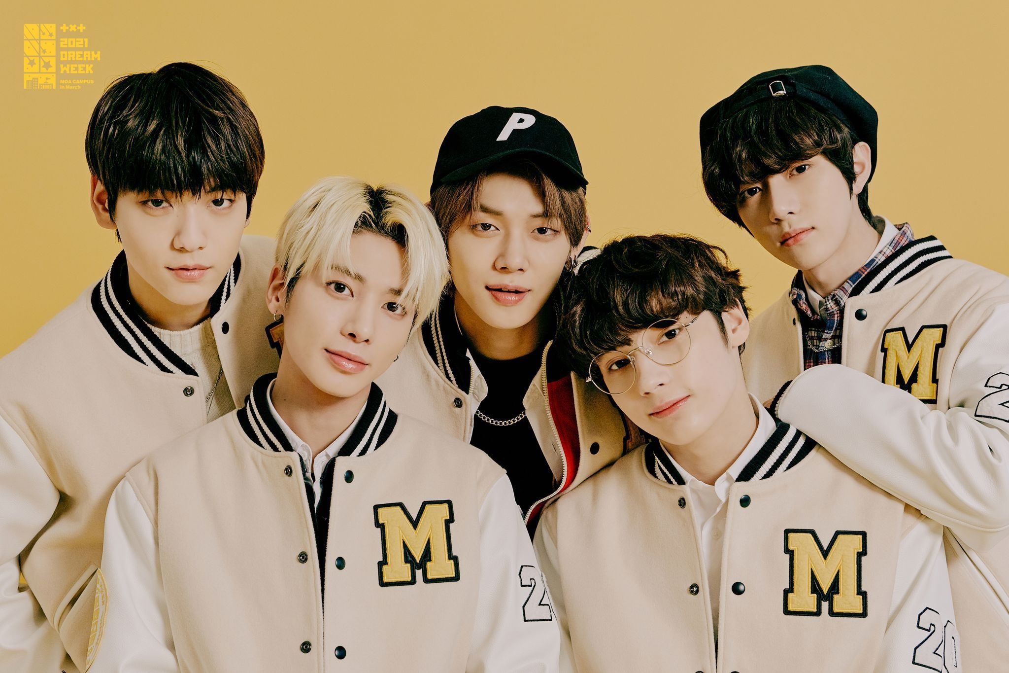 Tomorrow X Together, Soobin, Yeonjun, Beomgyu, Taehyun, Hueningkai, 2021 Dream Week, Cream varsity jackets, HD Desktop wallpaper