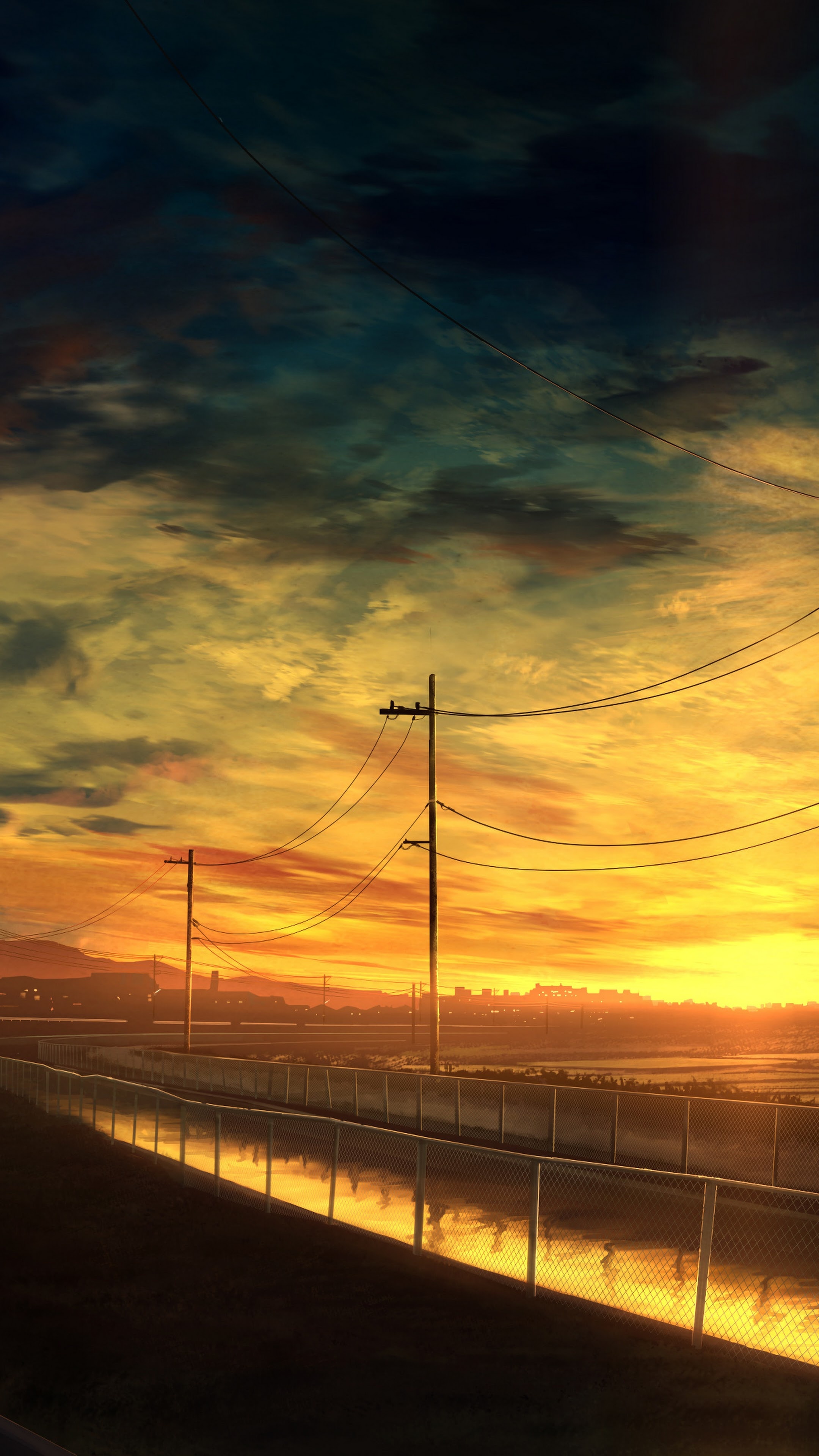 wooden utility poles, chain-link canal fence, golden hour sunset sky, 4K Phone wallpaper