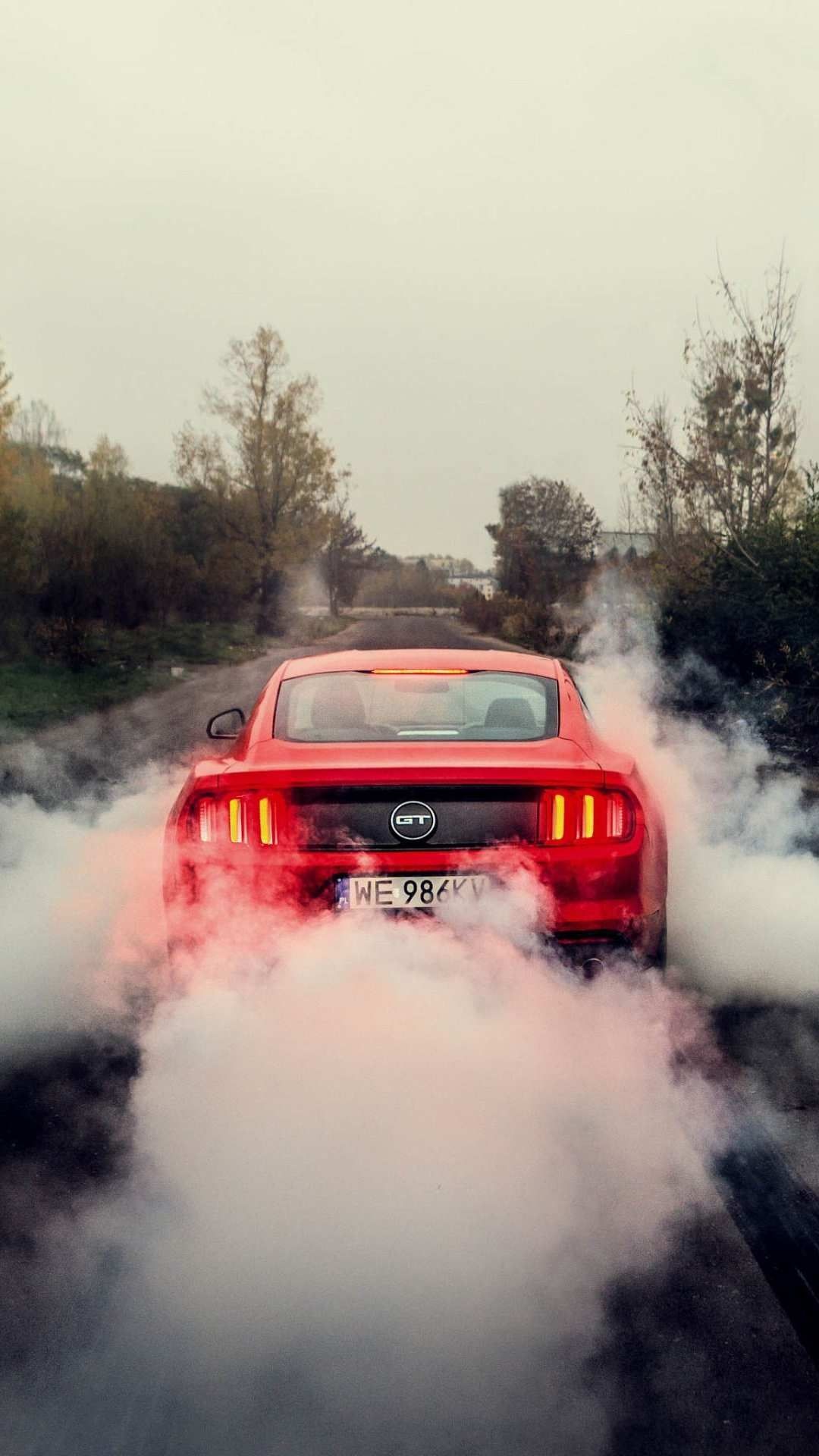 Red Ford Mustang GT, Dense burnout tire smoke, Rural asphalt road, Full HD Phone wallpaper