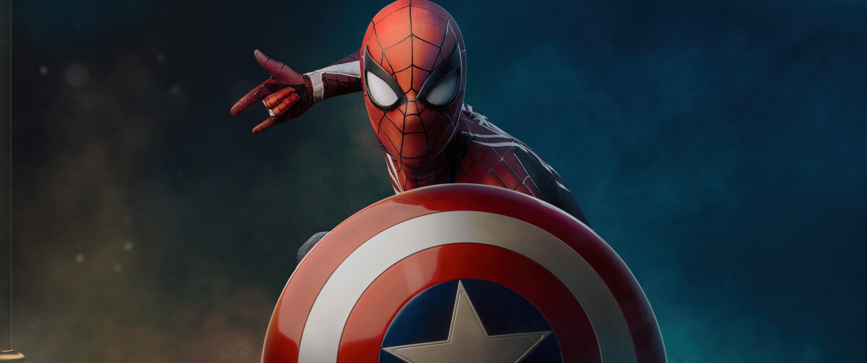 Advanced Suit Spider-Man, Captain America's shield, web-shooting hand gesture, Dual Screen Desktop wallpaper