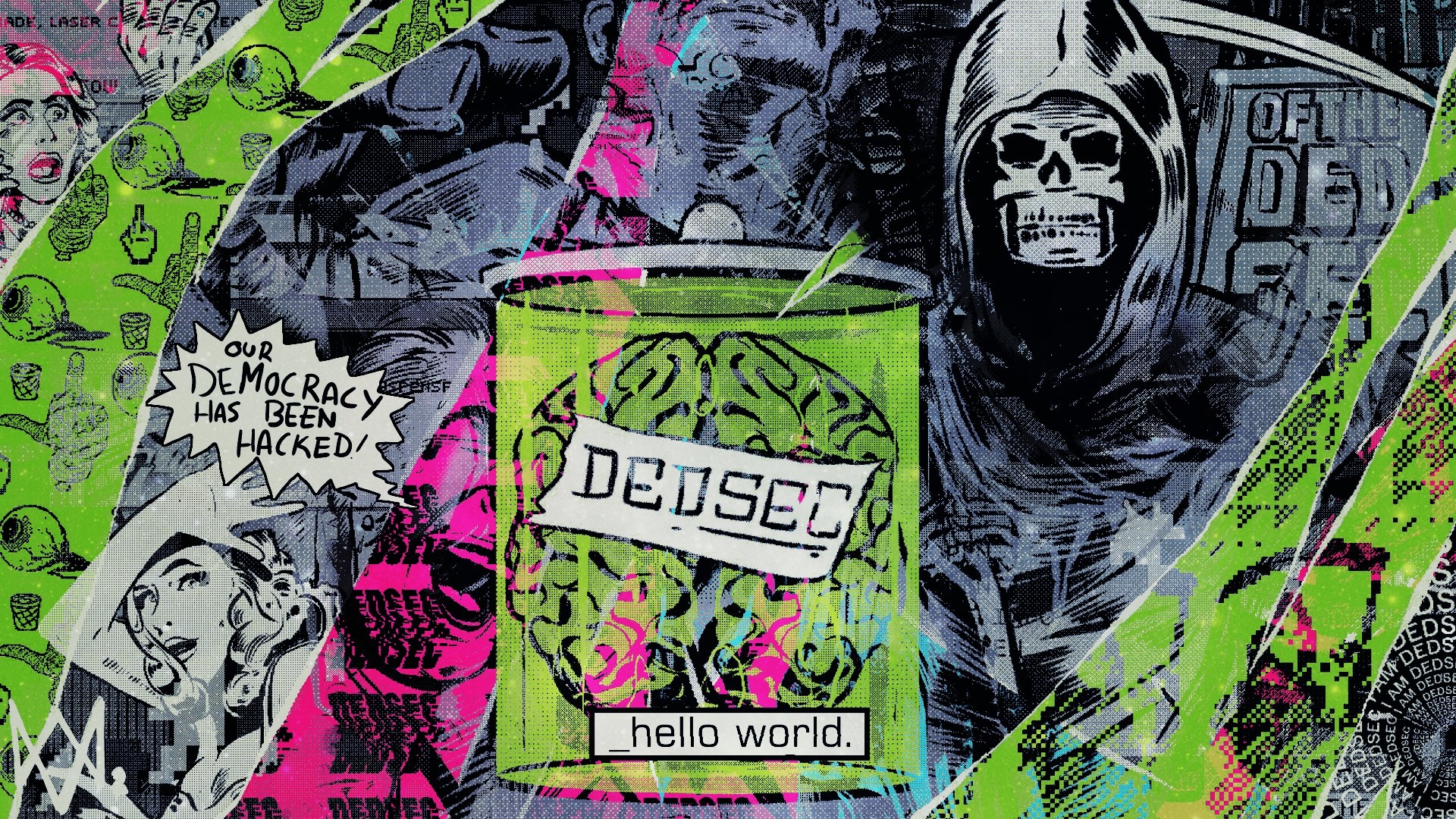DedSec brain logo, hooded skull figure, Watch Dogs logo, OUR DEMOCRACY HAS BEEN HACKED!, Full HD Desktop wallpaper