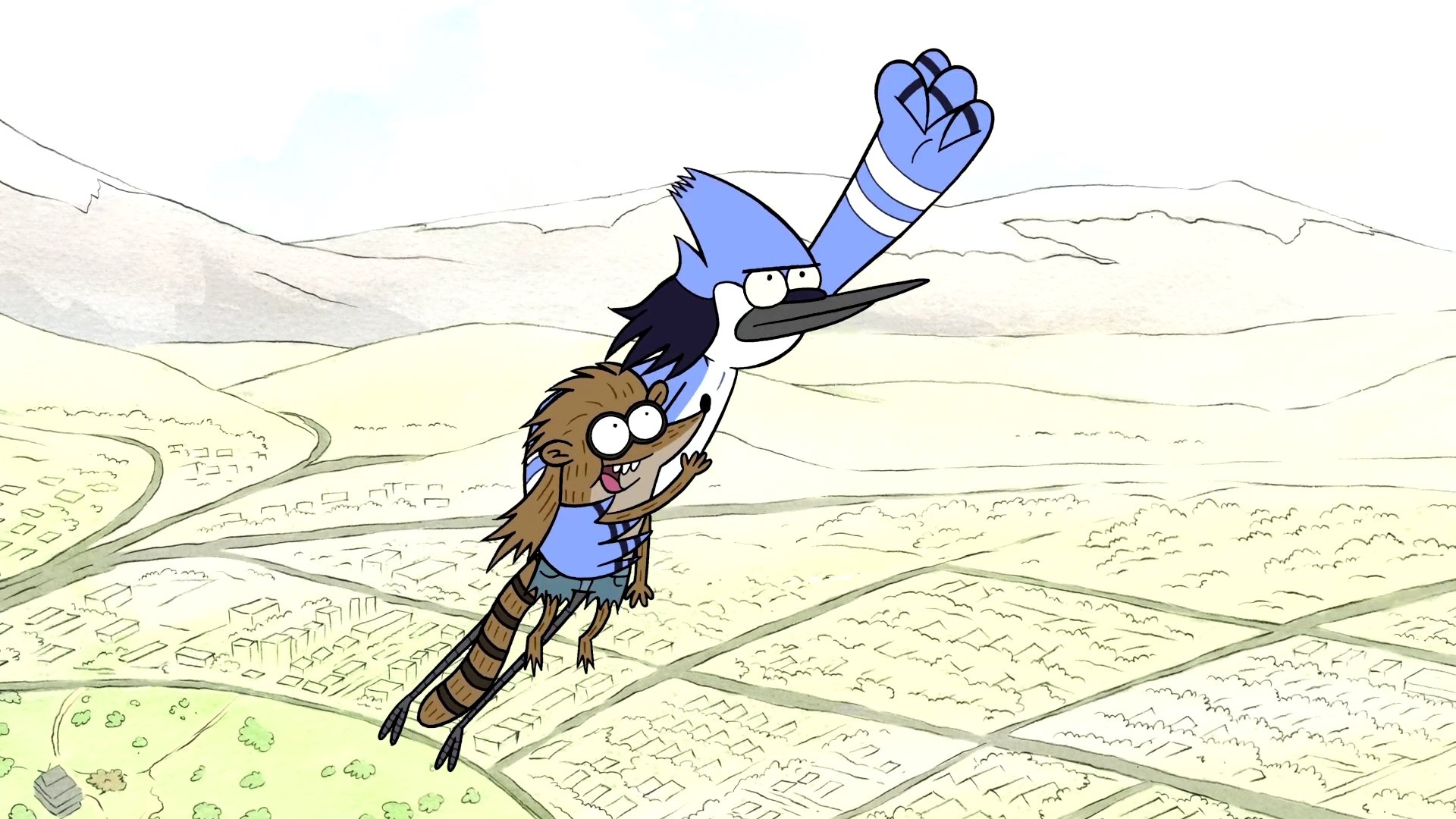 Mordecai flying over the valley, Rigby carried mid-flight, Aerial patchwork of fields, Regular Show, Full HD Desktop wallpaper