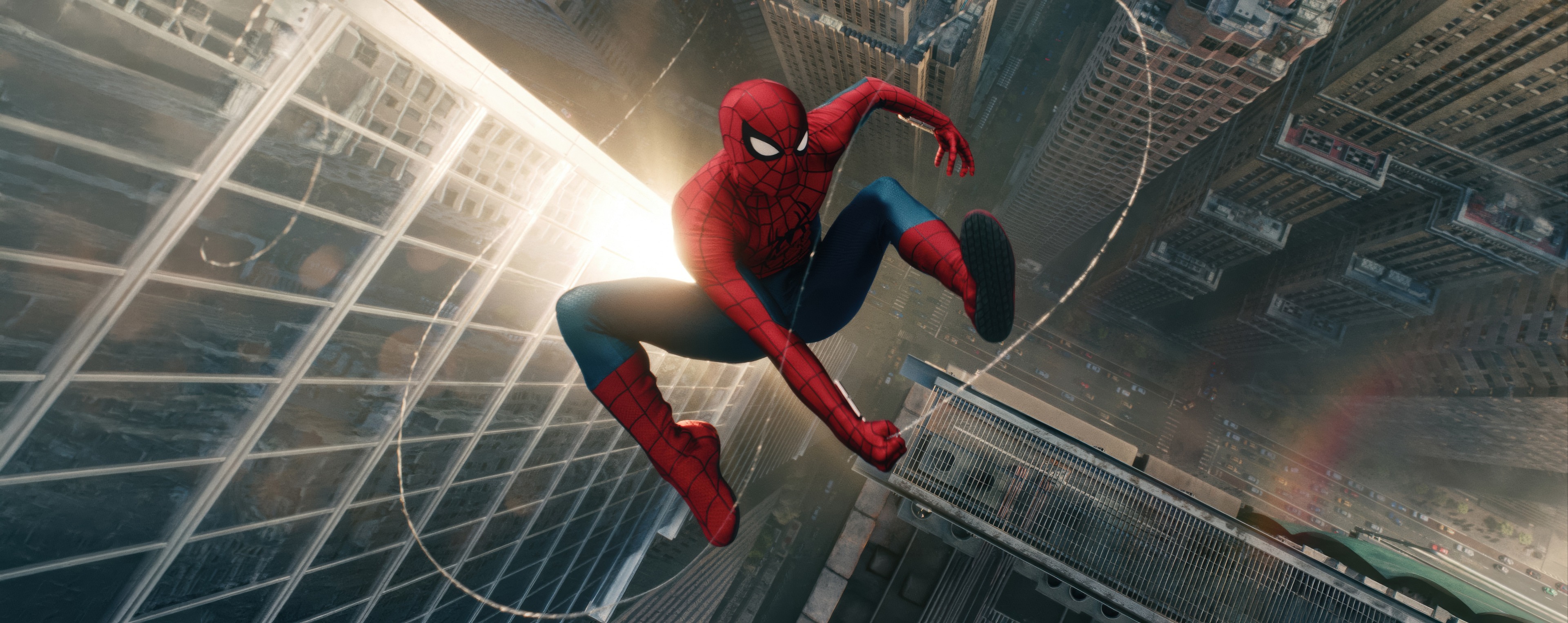No Way Home, Classic Suit, Bright backlit sunlight, Sunlit glass skyscraper, Aerial city backdrop, HD Desktop wallpaper