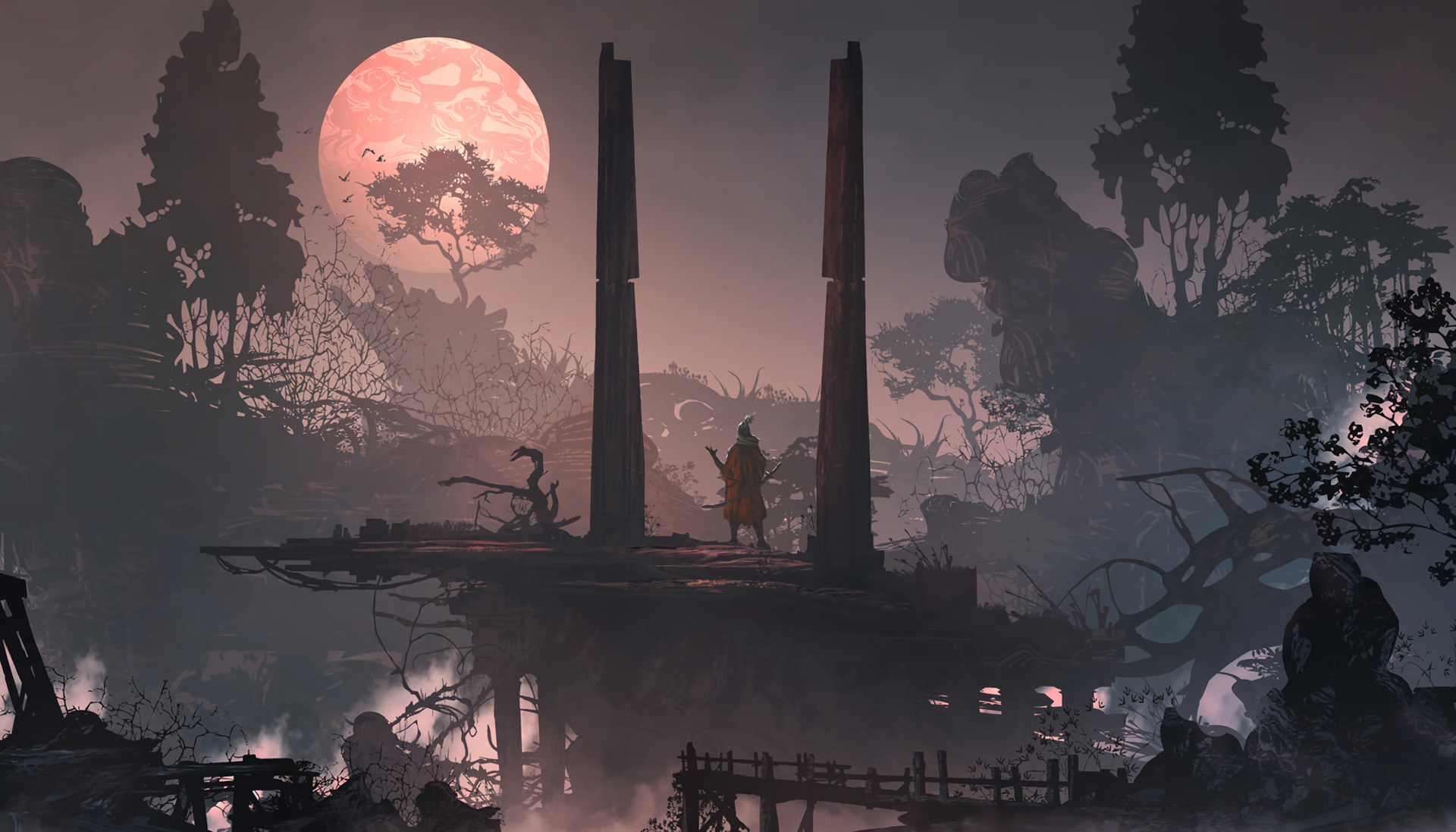 Sekiro shinobi Wolf, giant glowing red moon, misty dark fantasy ruins, HD Desktop wallpaper