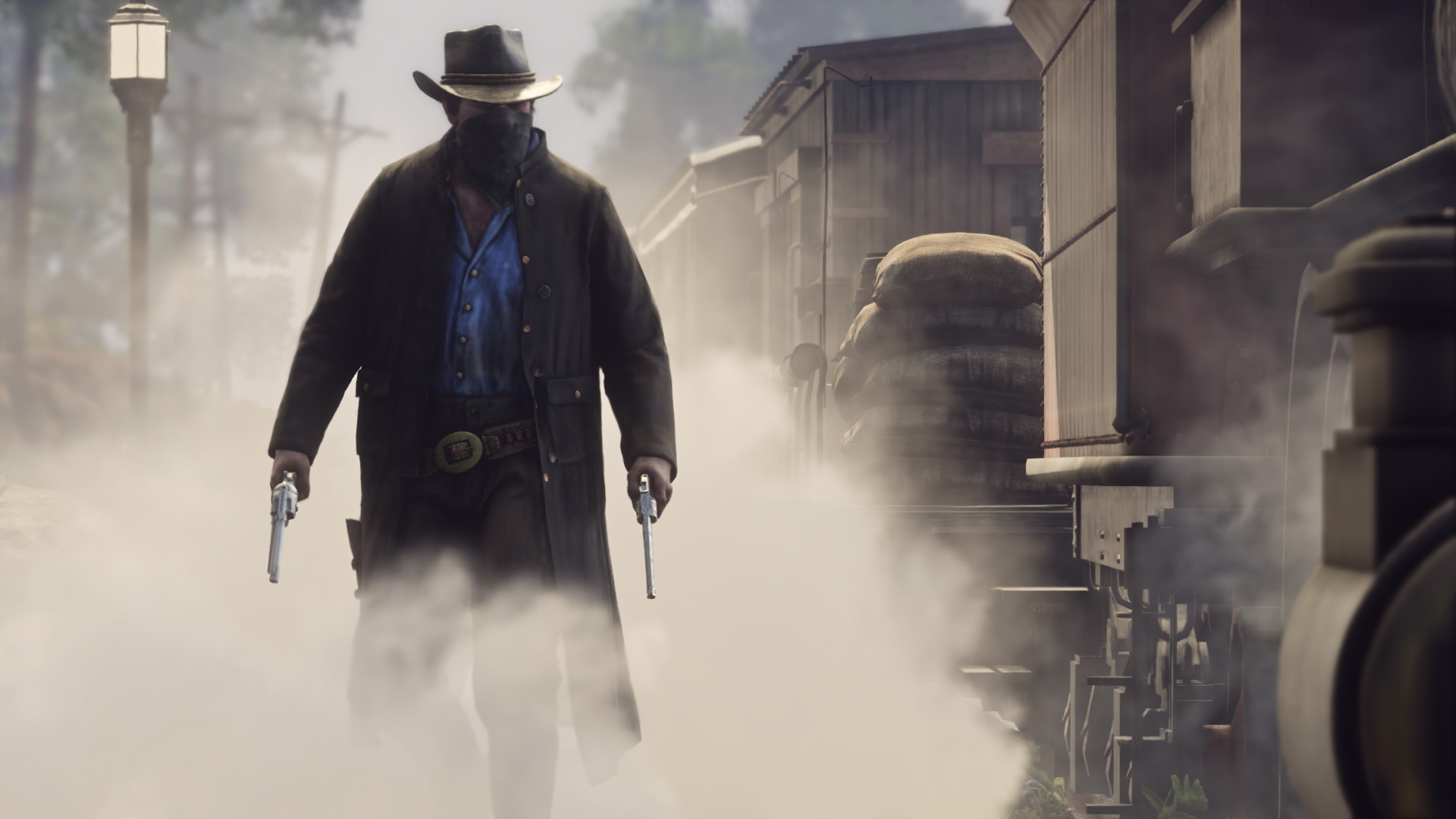 Arthur Morgan, dual wielding revolvers, steam train, Full HD Desktop wallpaper