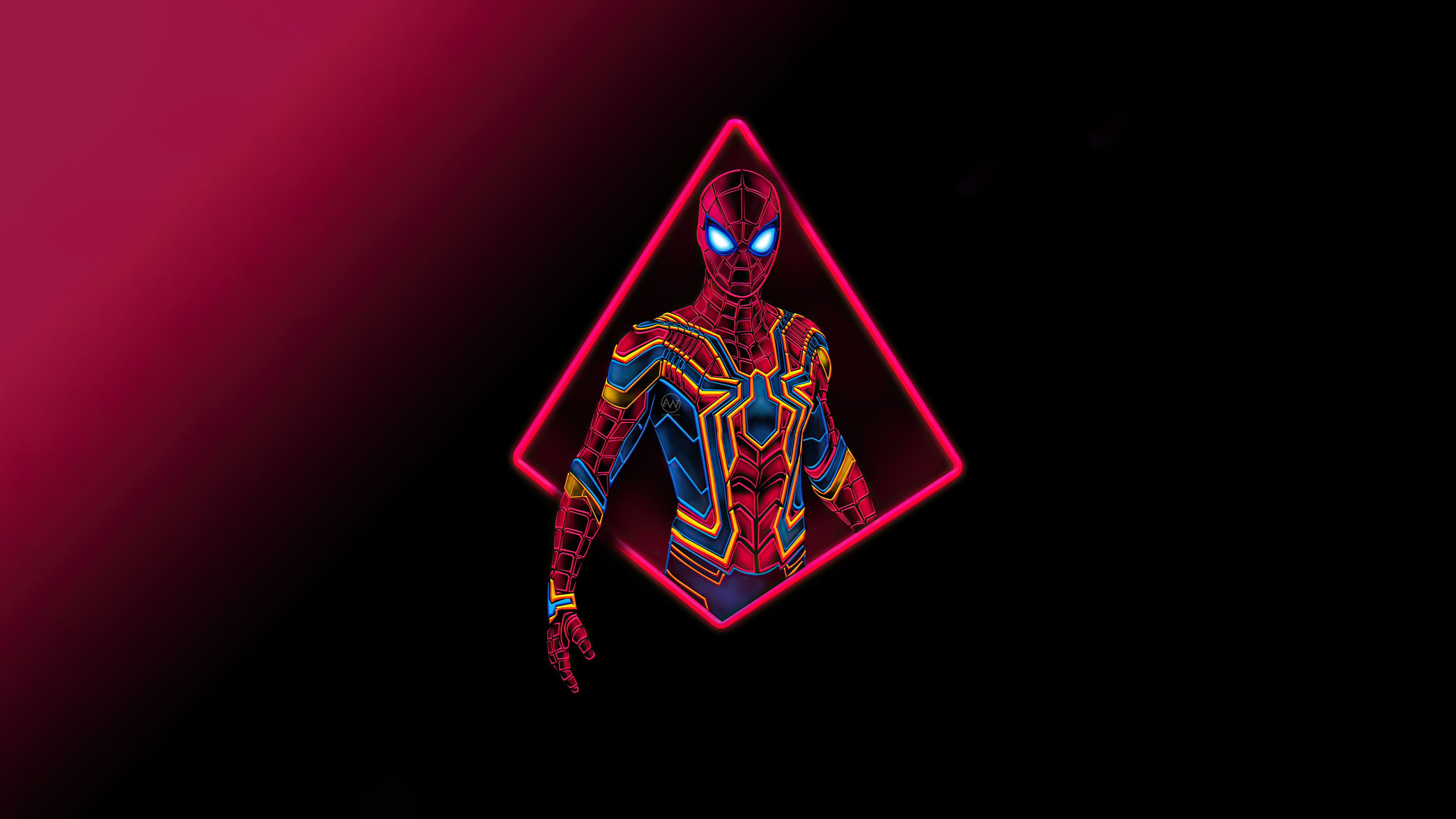 Iron Spider, glowing neon diamond frame, red gradient dark backdrop, 4K Desktop wallpaper
