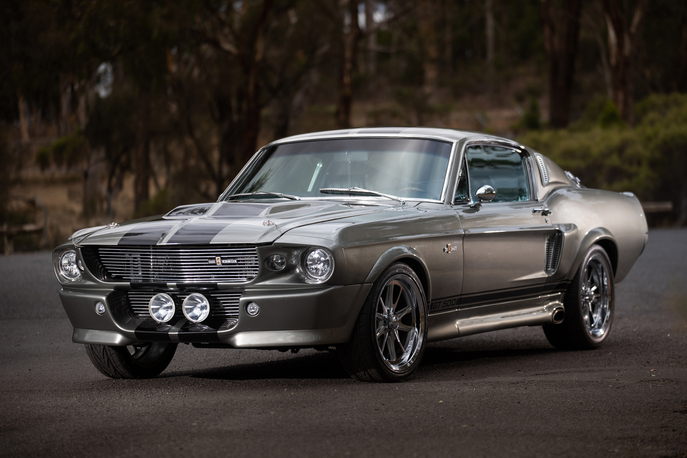 1967 Ford Mustang Eleanor, Pepper Gray metallic finish, Asphalt forest road, HD Desktop wallpaper