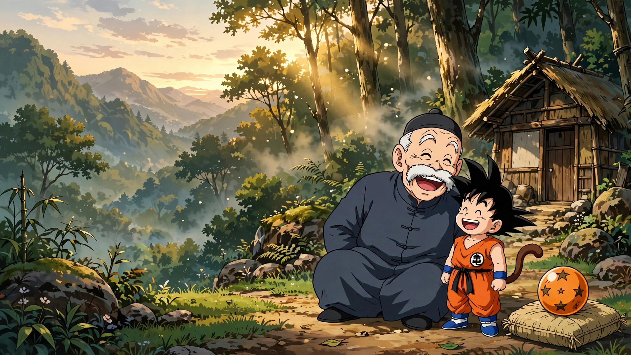 Grandpa Gohan, Kid Goku, Four-Star Dragon Ball, Forest hollow house, Monkey tail, Evening light, HD Desktop wallpaper