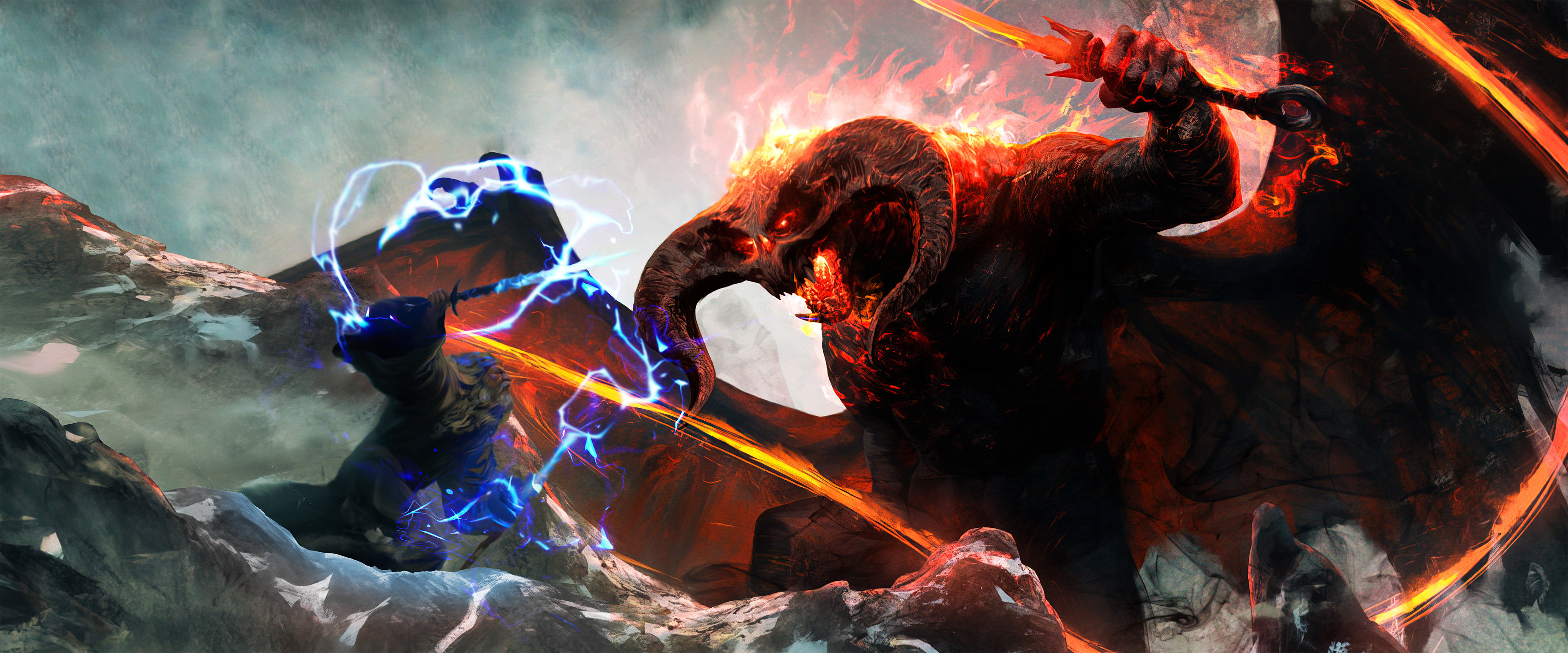 Bridge of Khazad-dum fight, Gandalf vs. Balrog Wallpaper, 3840x1600 Dual Screen Desktop