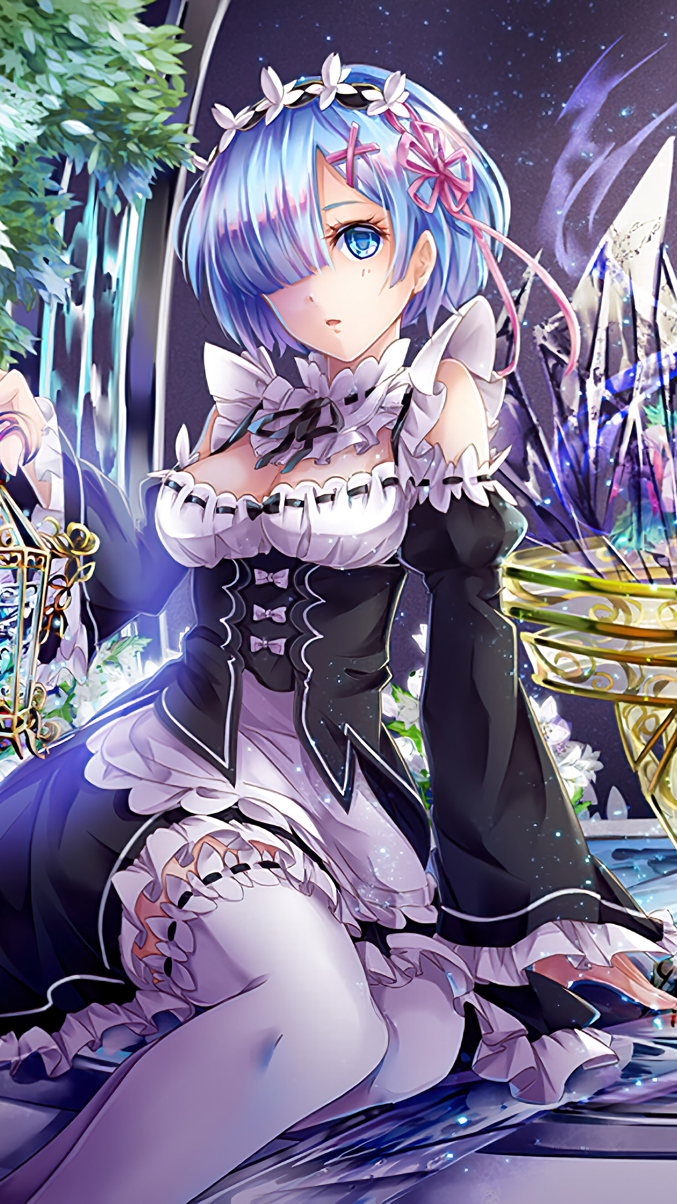 Rem, Re:Zero maid outfit, Crystal water reflections, 4K Phone wallpaper