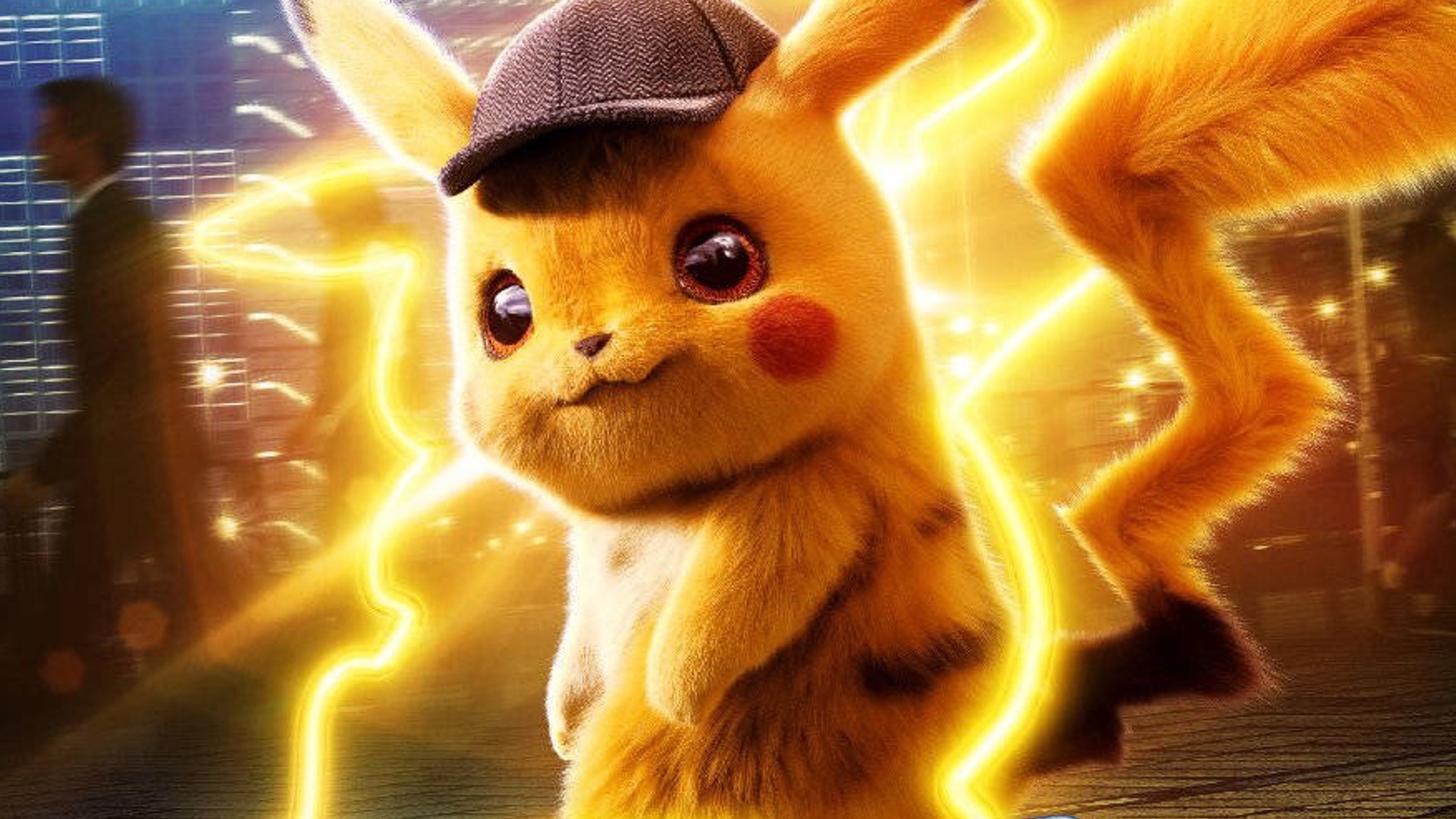 Detective Pikachu, tweed deerstalker hat, glowing electric outline, Full HD Desktop wallpaper