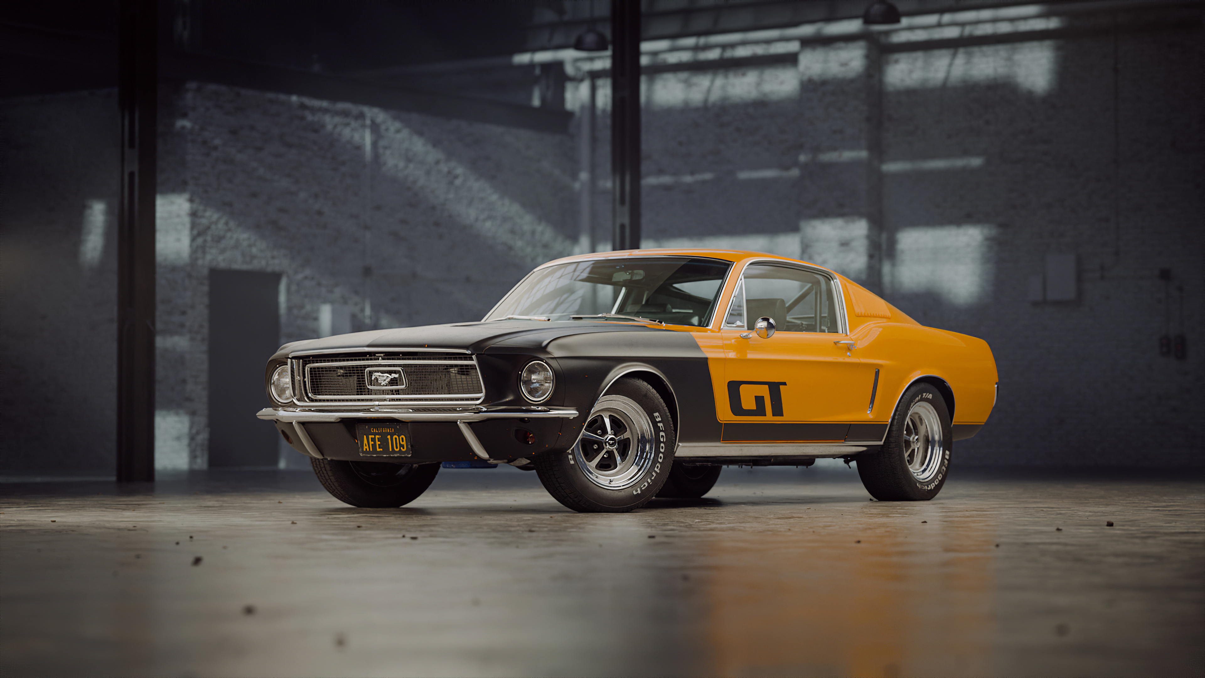 1968 Ford Mustang GT Fastback, Two-tone muscle car livery, Industrial warehouse setting, 4K Desktop wallpaper